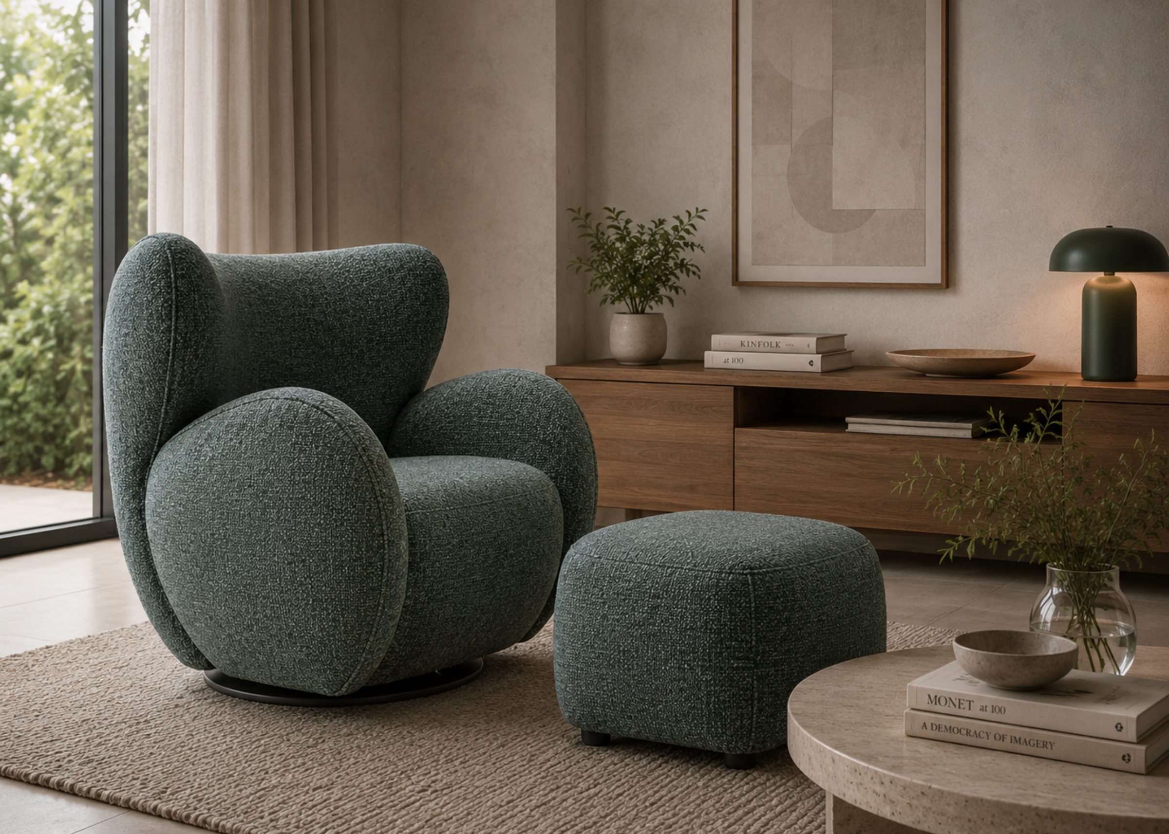 Poltrona Bloom com puff, base giratória e revestimento em linho verde, apresentando design totalmente estofado e sofisticado para ambientes elegantes.