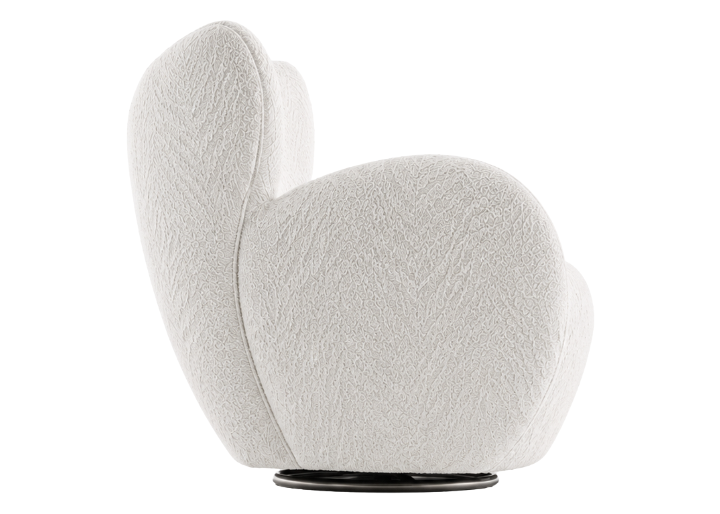 Poltrona Bloom com puff, design moderno, revestimento em bouclé branco e base giratória, ideal para compor espaços sofisticados e elegantes.