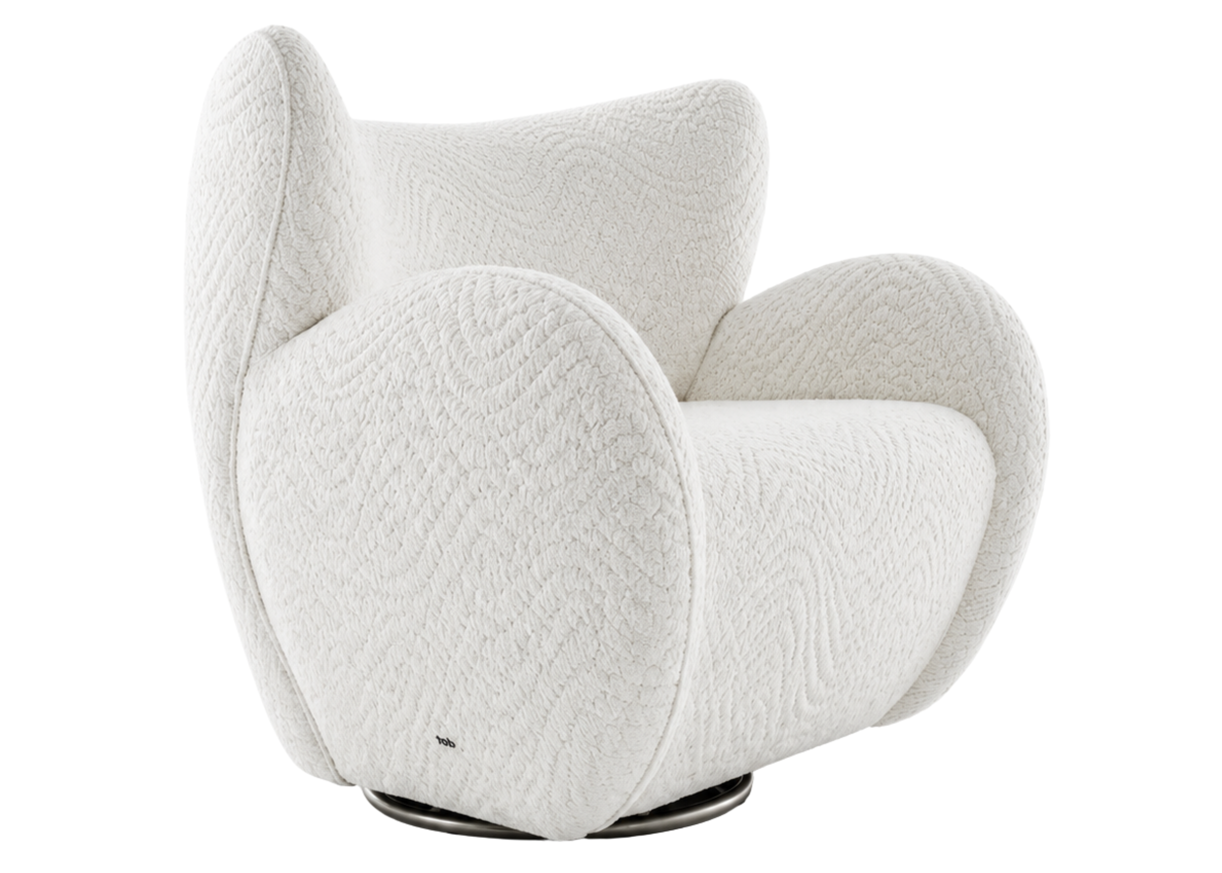 Poltrona Bloom com puff em bouclé branco e base giratória, apresentando design elegante e confortável, ideal para compor ambientes contemporâneos.