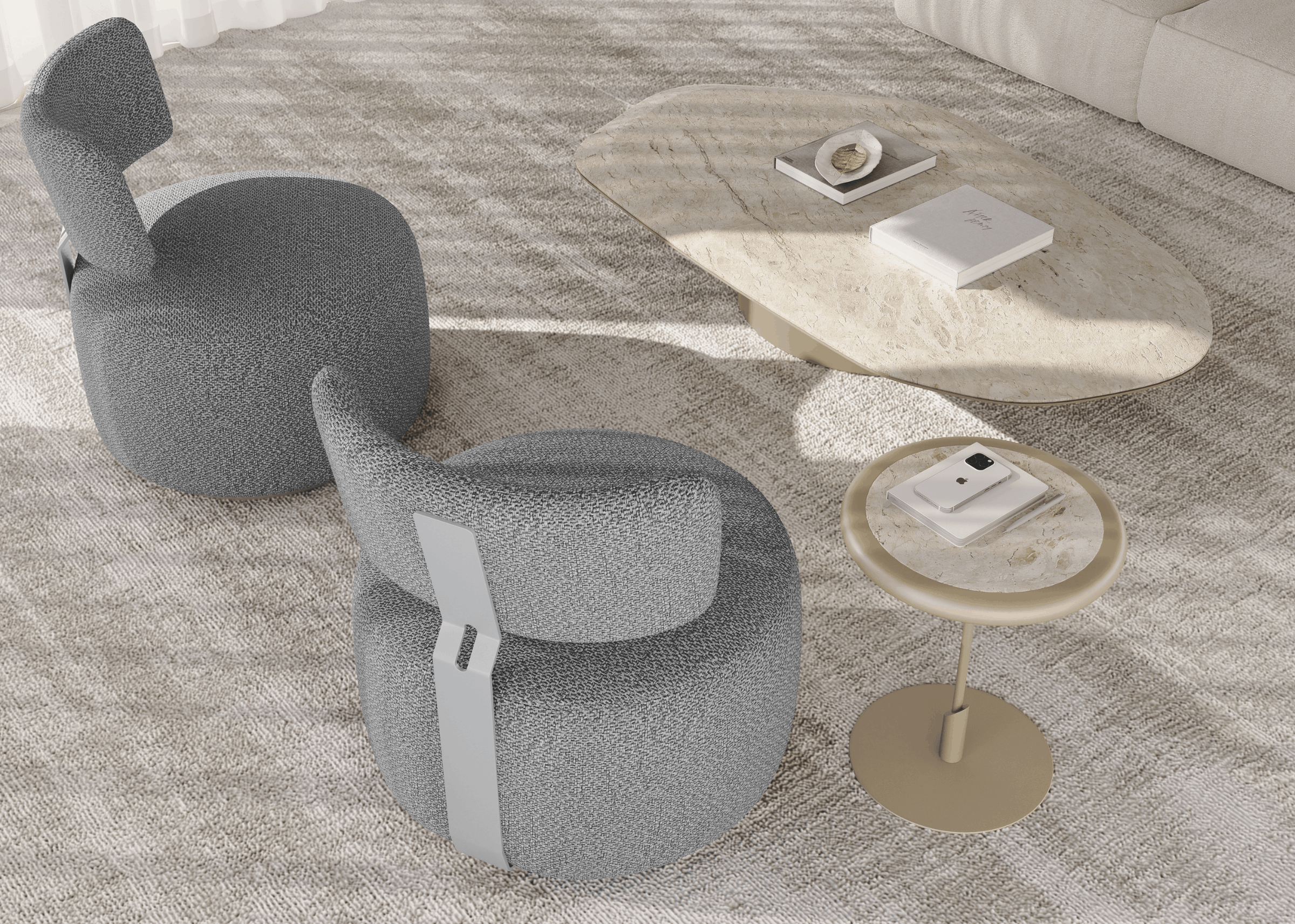 Poltrona Giratória Breno em sala de estar moderna, com assento redondo e base metálica giratória