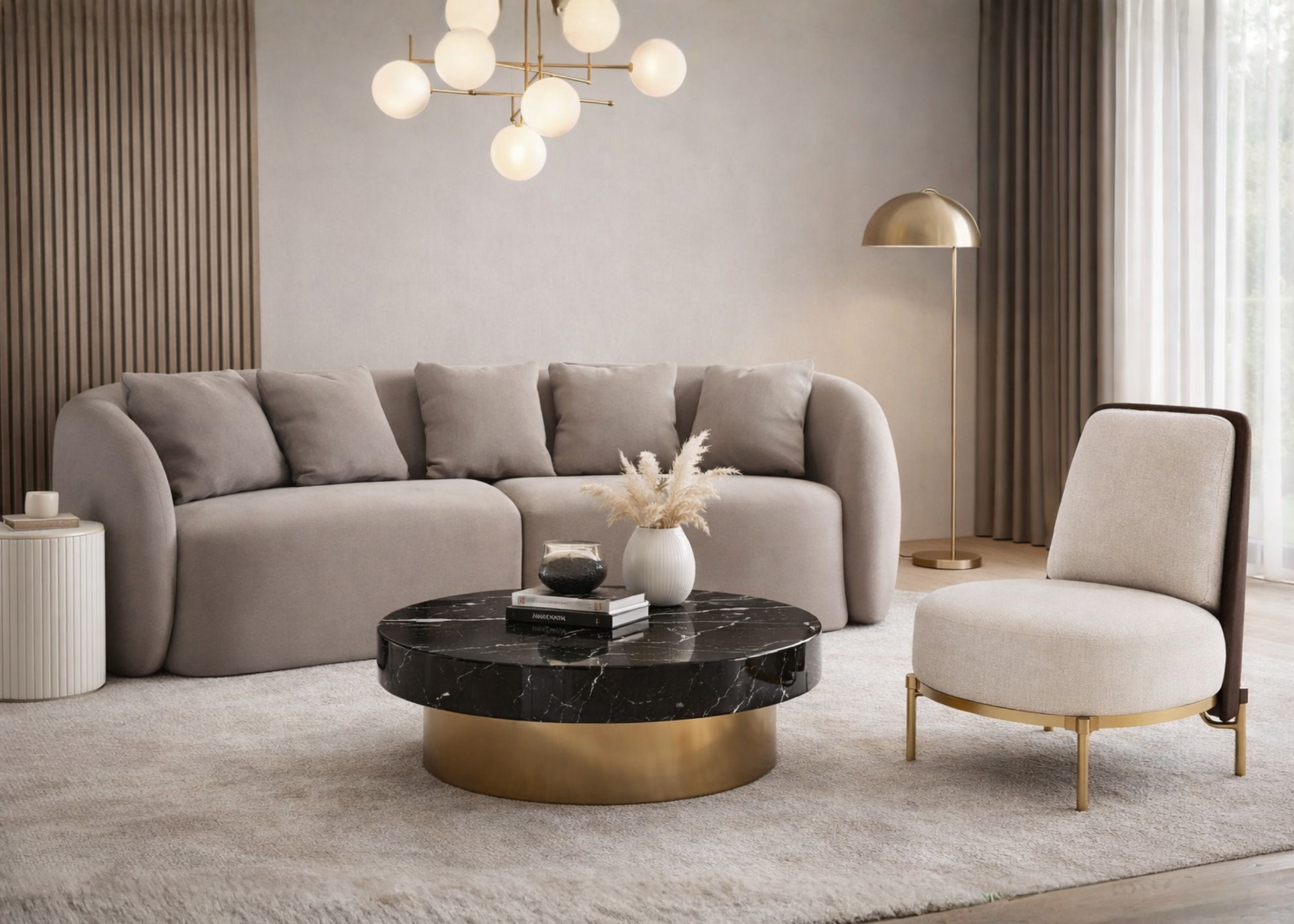 Poltrona Celine em sala de estar luxuosa e aconchegante, com design elegante ideal para ambientes sofisticados e bem decorados.