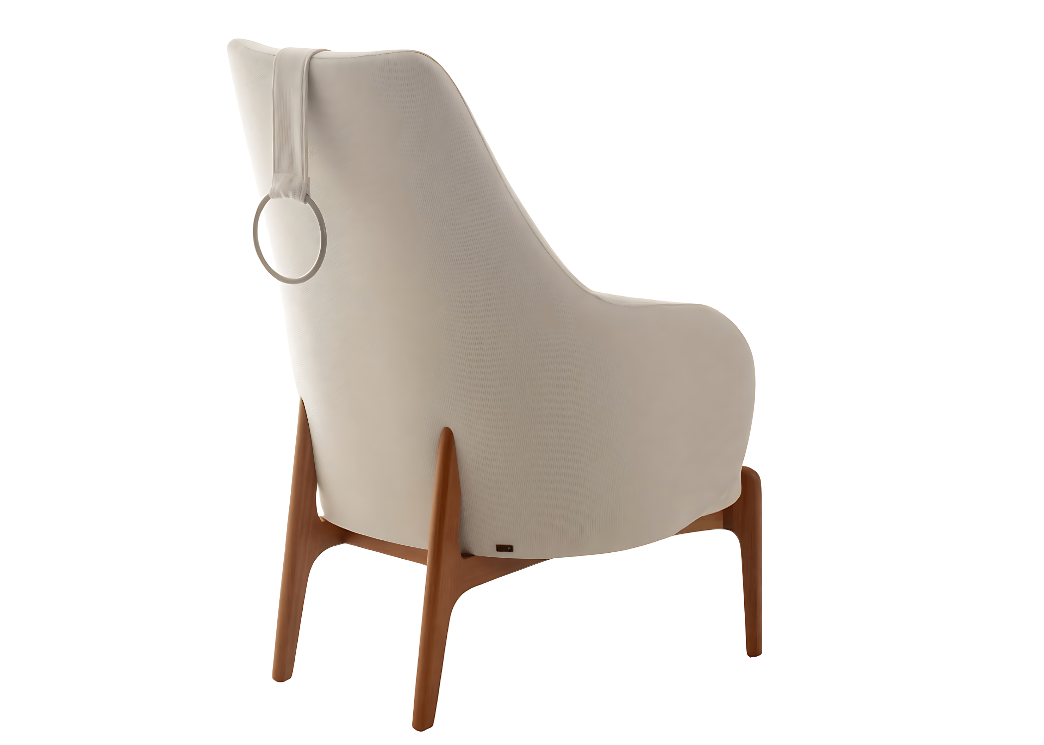 Poltrona modelo Colinas com base em madeira na cor mel e revestimento em linho rústico, design contemporâneo e elegante, ideal para salas de estar sofisticadas.