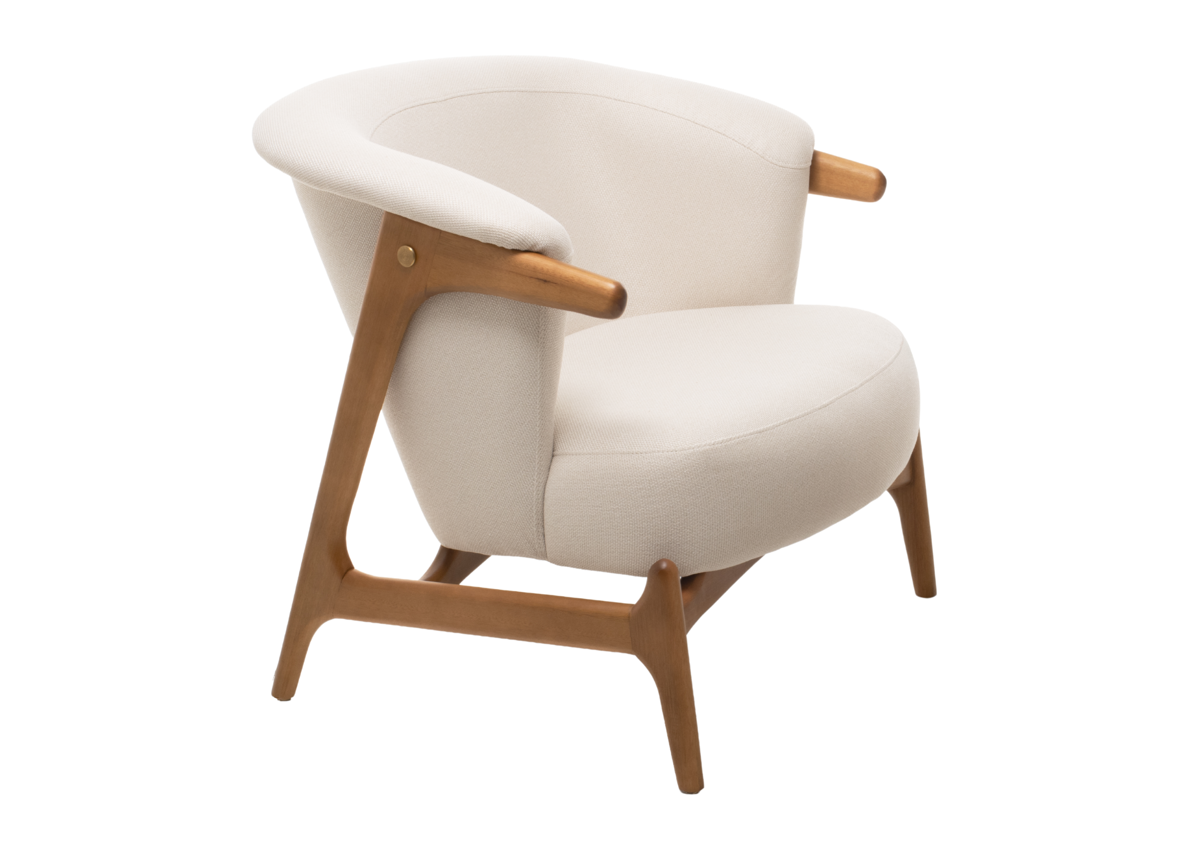 Poltrona com puff modelo Ninho, design elegante com estrutura em madeira na cor mel, perfeita para ambientes sofisticados.