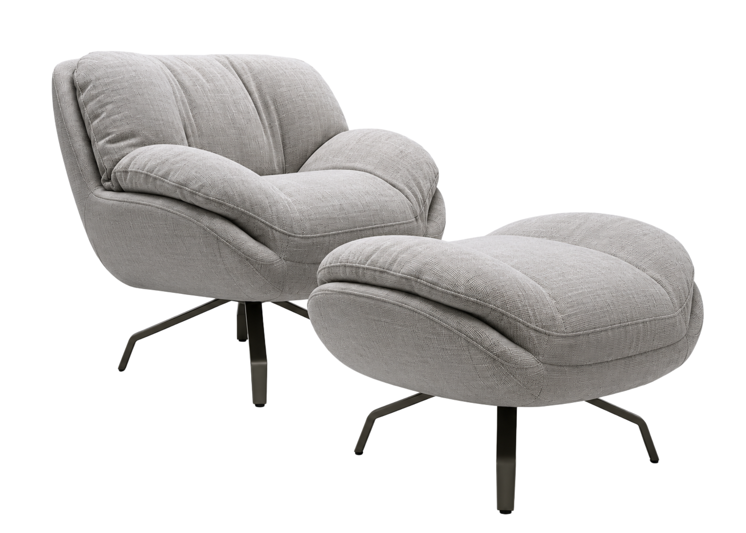 Poltrona com puff Polaris, conforto elegante e base em aço carbono, ideal para compor ambientes modernos e sofisticados.
