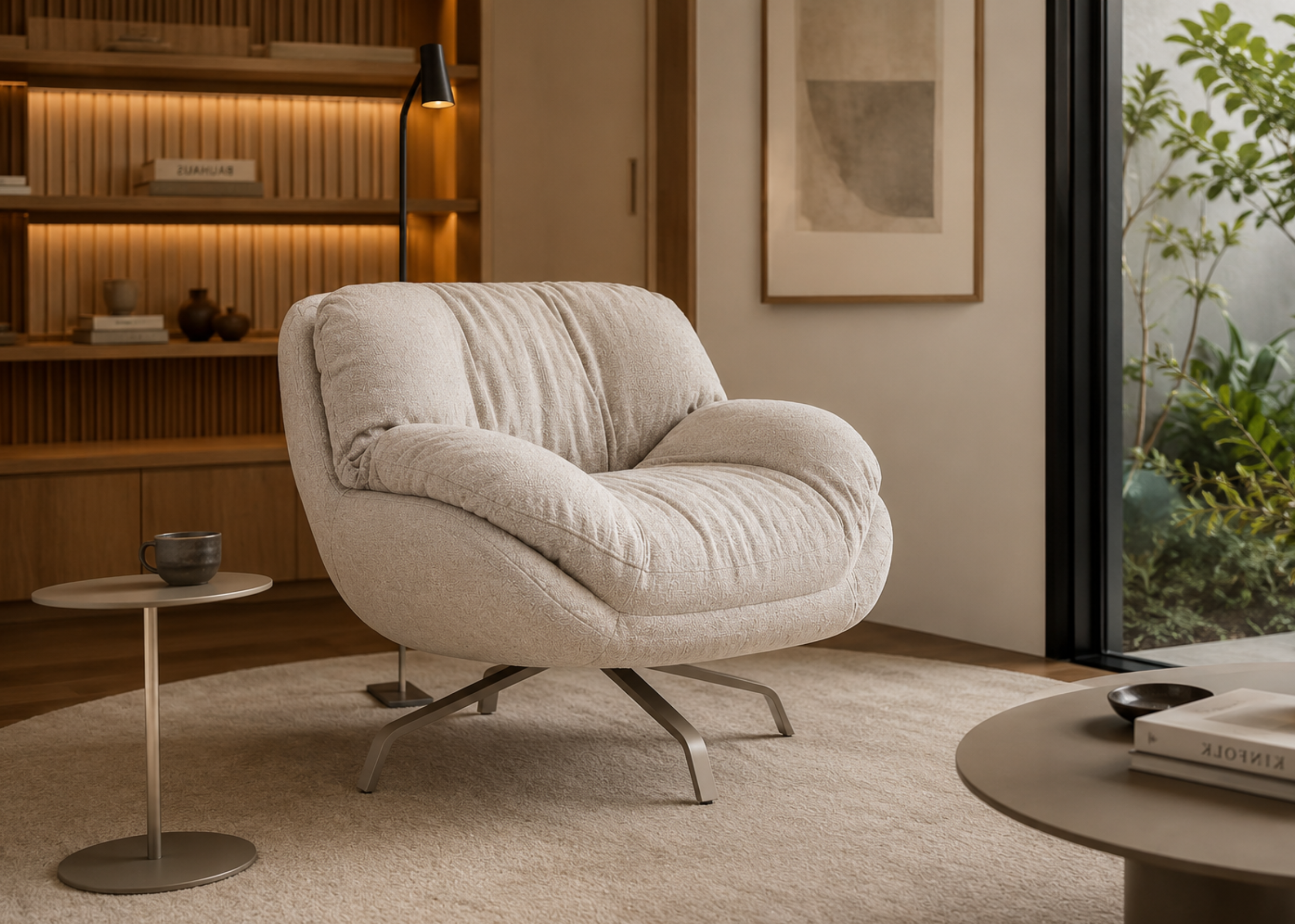 Poltrona com puff Polaris em ambiente exclusivo, apresentando sofisticação e conforto, ideal para compor espaços elegantes e acolhedores.