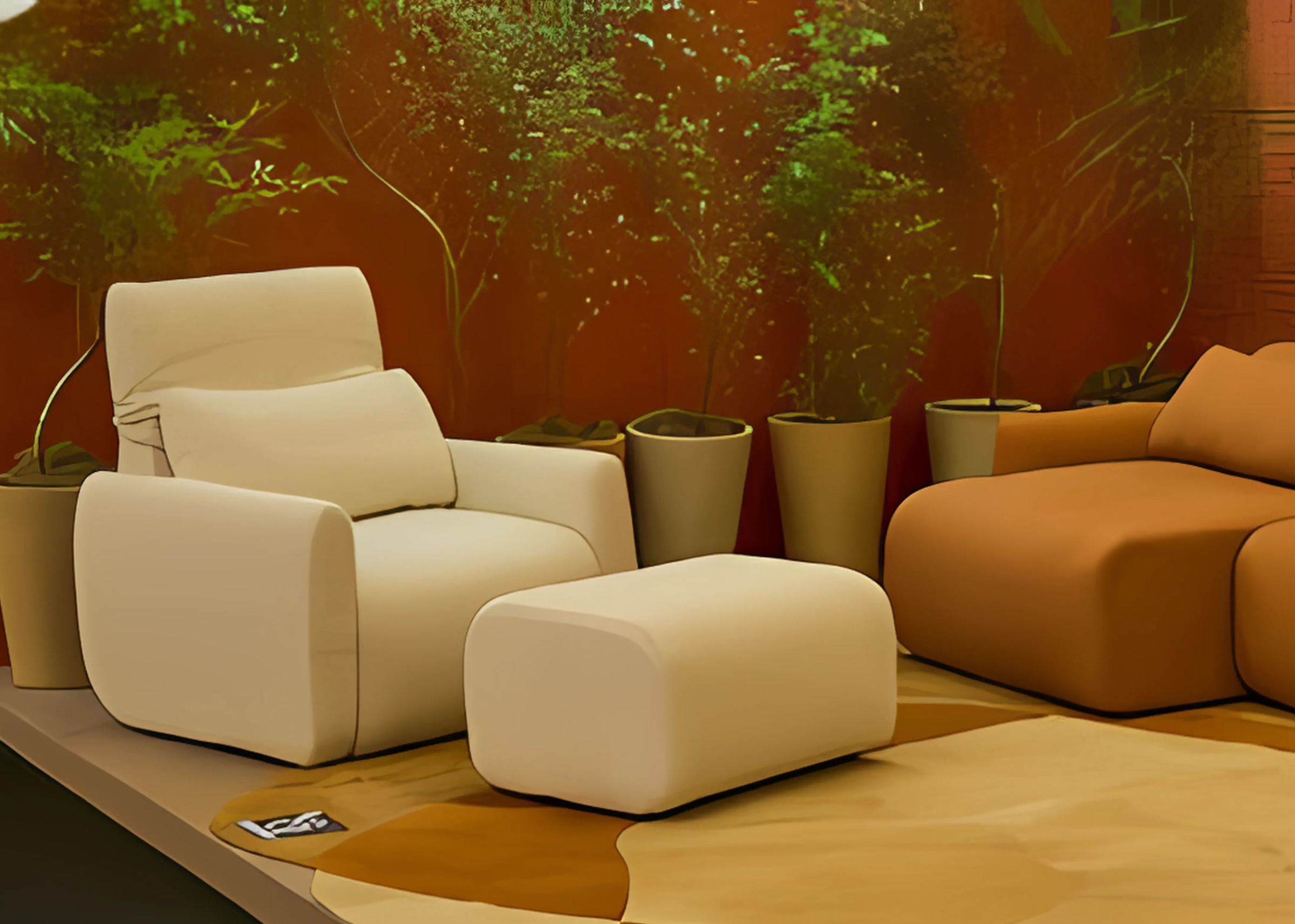 Poltrona com puff para sala de estar com encosto alto, combinando sofisticação, conforto e elegância em um ambiente refinado.