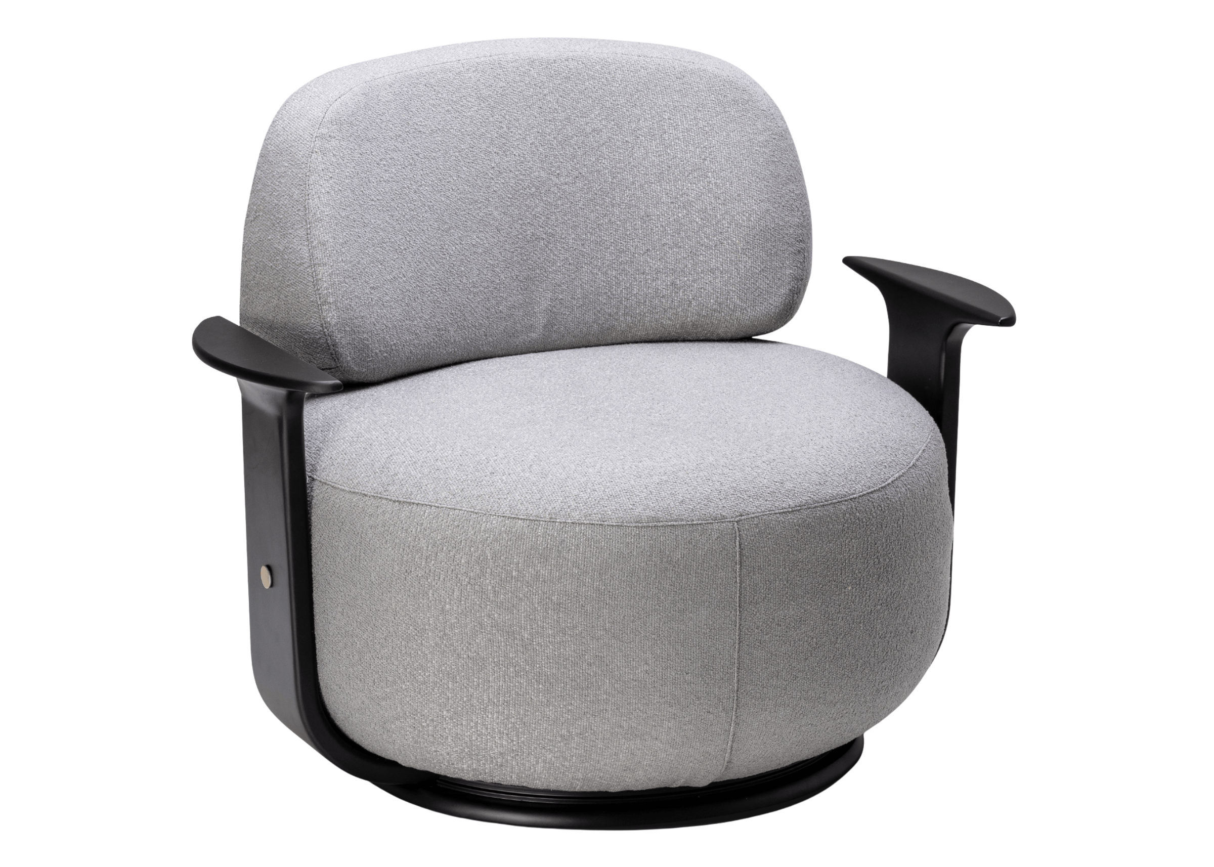 Poltrona modelo Duck com design orgânico, acabamento laqueado preto e revestimento em bouclé cinza, peça sofisticada para compor salas de estar modernas.