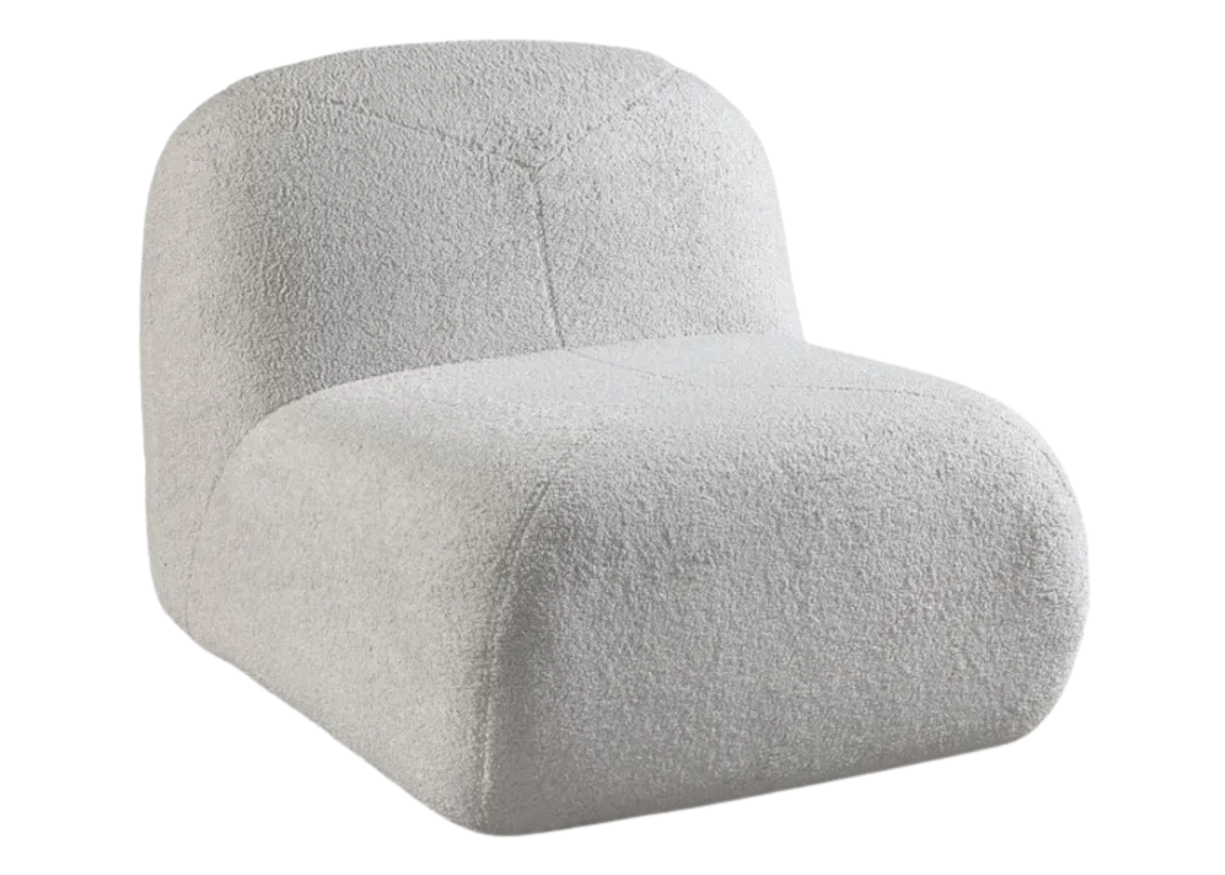 Poltrona design orgânico Kumura com curvas suaves e estrutura sem braços. Revestida em bouclé, oferece conforto visual e estilo contemporâneo para salas modernas.