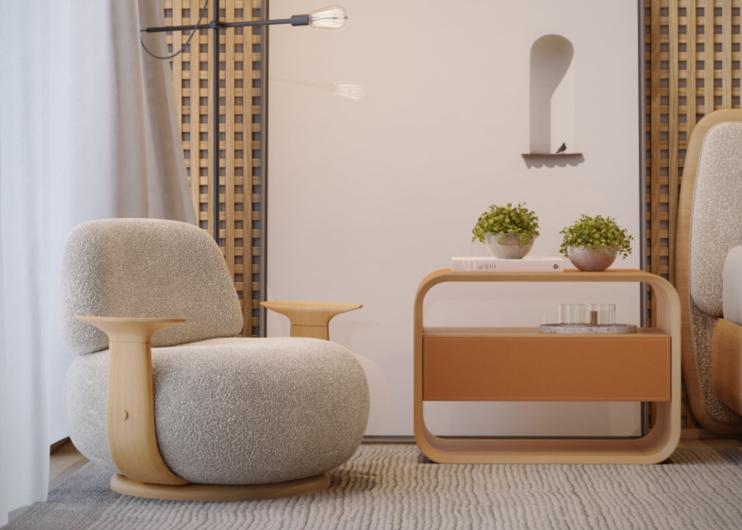 Poltrona Duck orgânica e confortável, revestida em tecido off white, design moderno ideal para salas de estar elegantes.