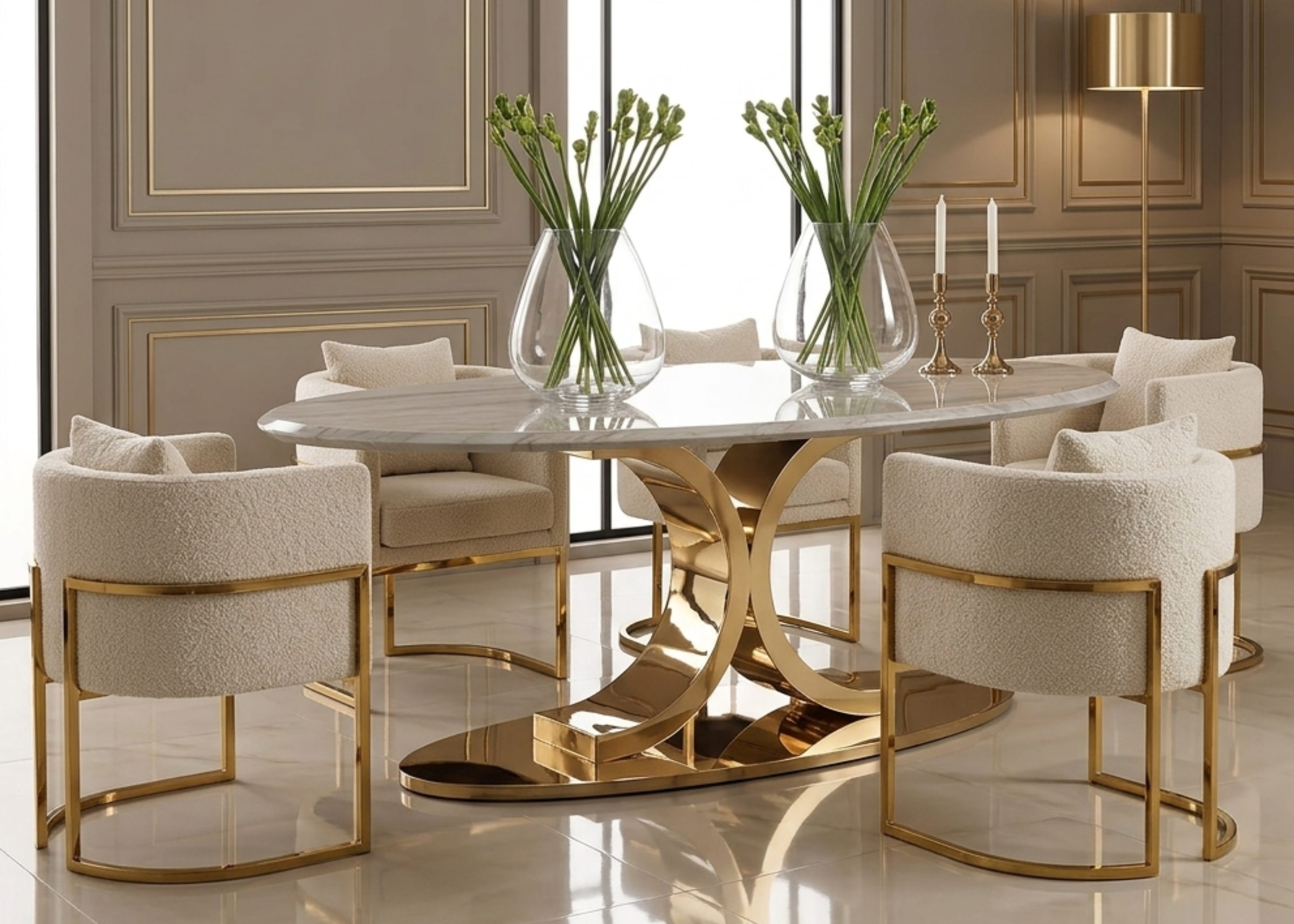 Poltrona estofada com linhas curvas e encosto envolvente, perfeita para compor salas de jantar ou estar com elegância