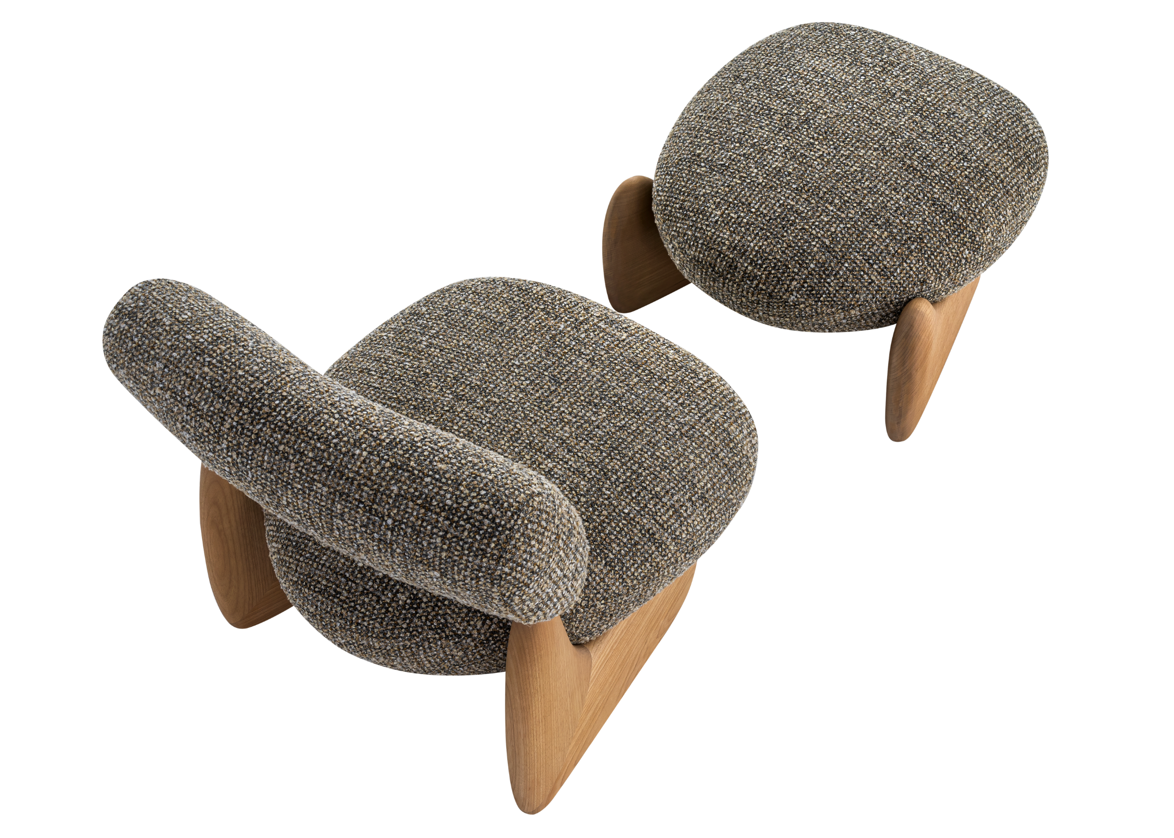 Poltrona Elos com puff e base em madeira, unindo elegância, conforto e design sofisticado para ambientes acolhedores.