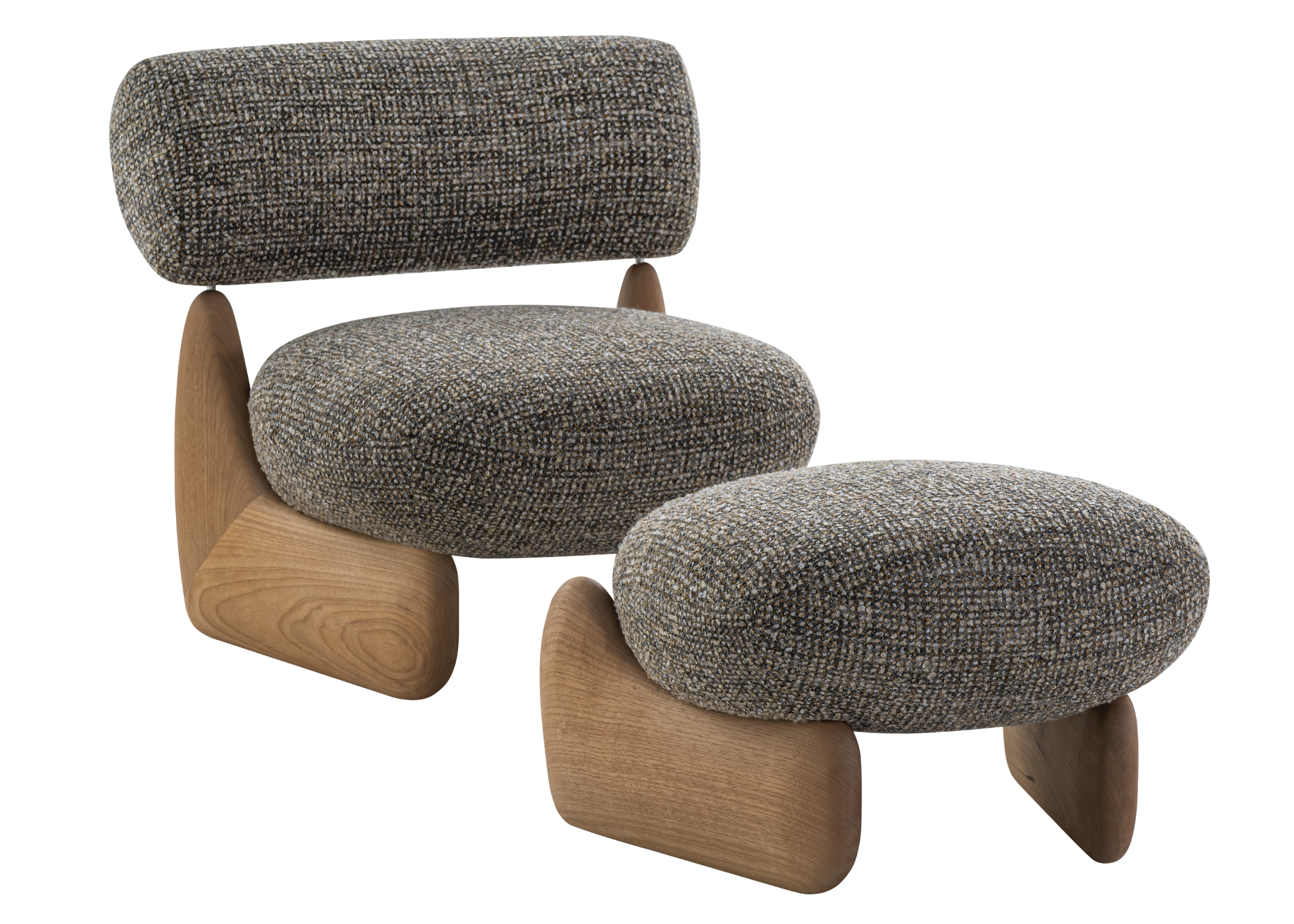 Poltrona Elos com puff elegante e base em madeira, oferecendo conforto, sofisticação e design contemporâneo para salas de estar acolhedoras.