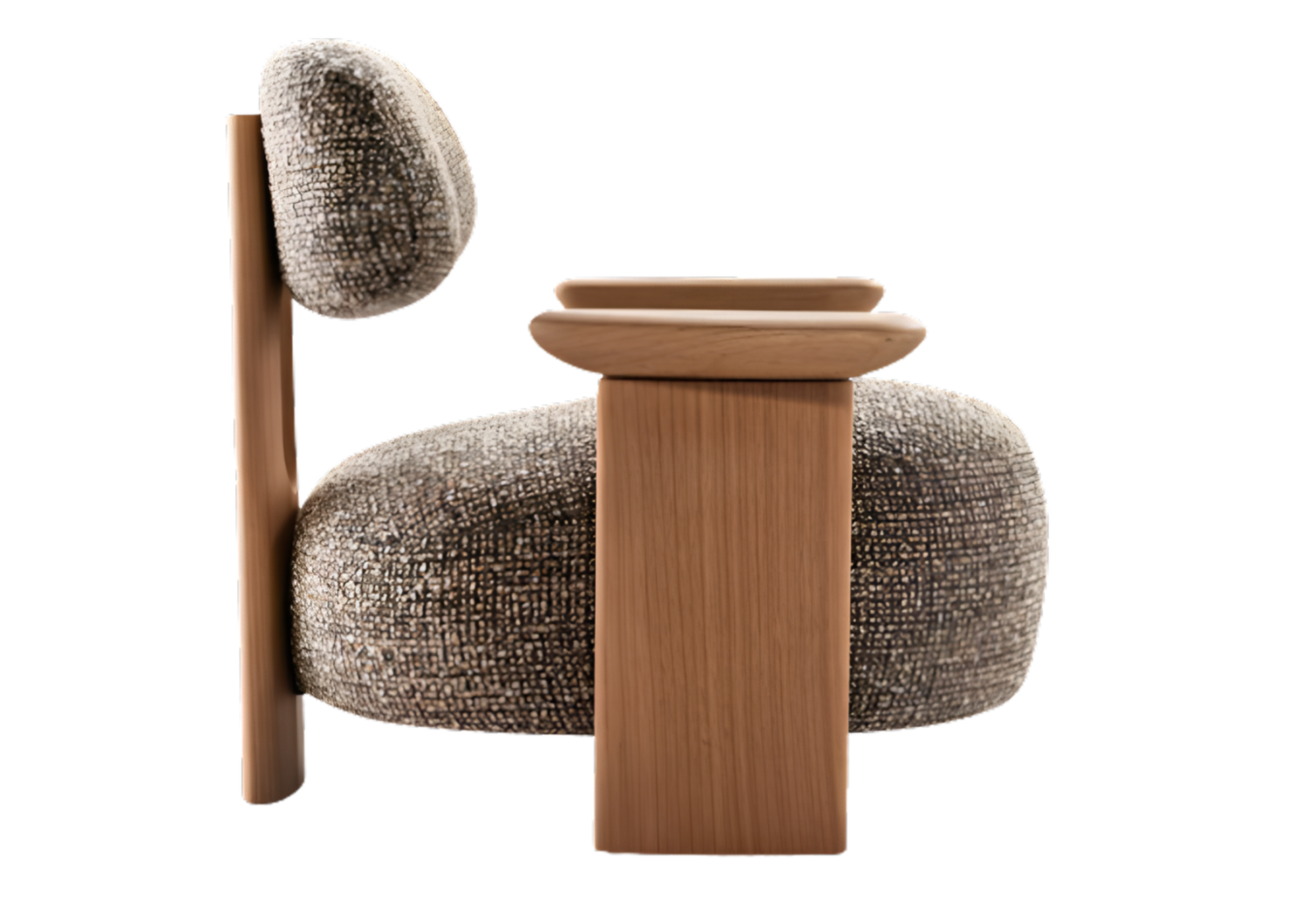 Poltrona Equilíbrio com braços laterais em madeira, design elegante e linhas contemporâneas, perfeita para agregar conforto, sofisticação e personalidade a ambientes refinados.