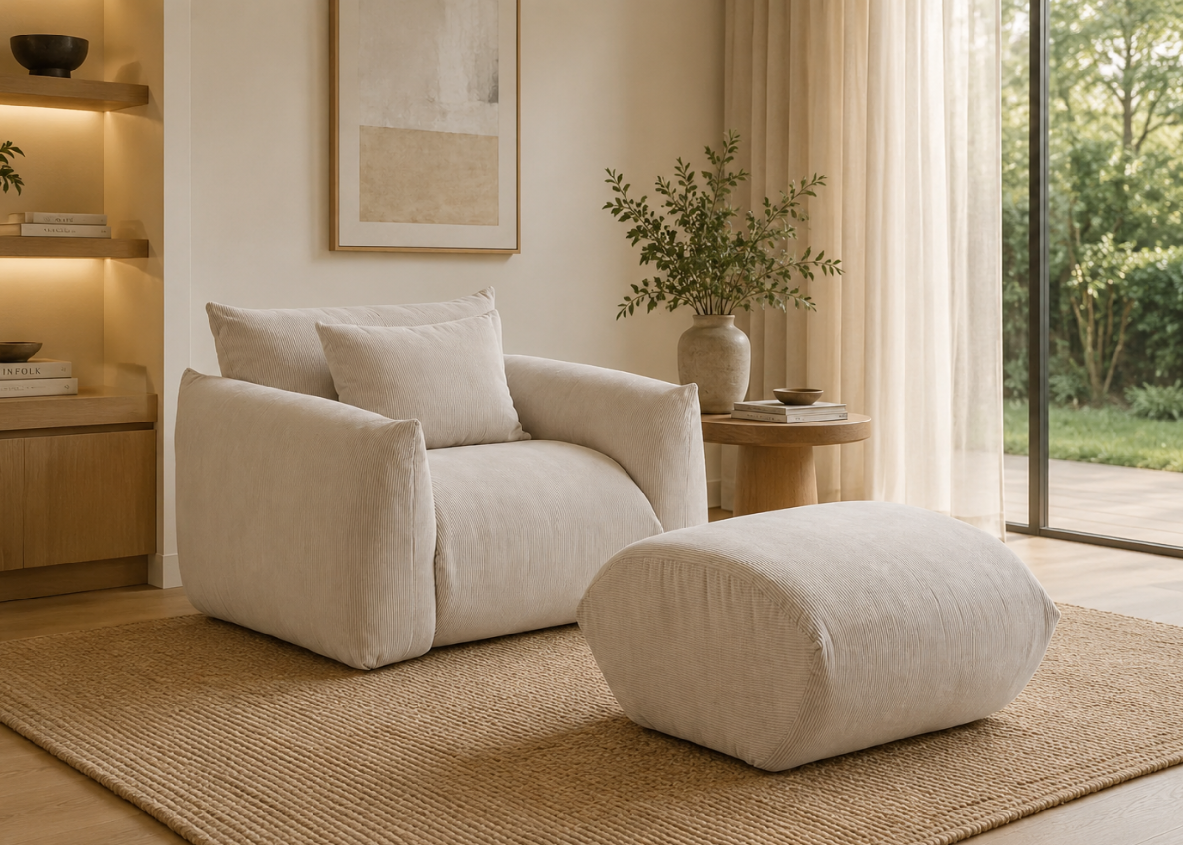 Poltrona Ester com puff em ambiente moderno e sofisticado, apresentando design confortável e elegante, ideal para compor espaços refinados e acolhedores.