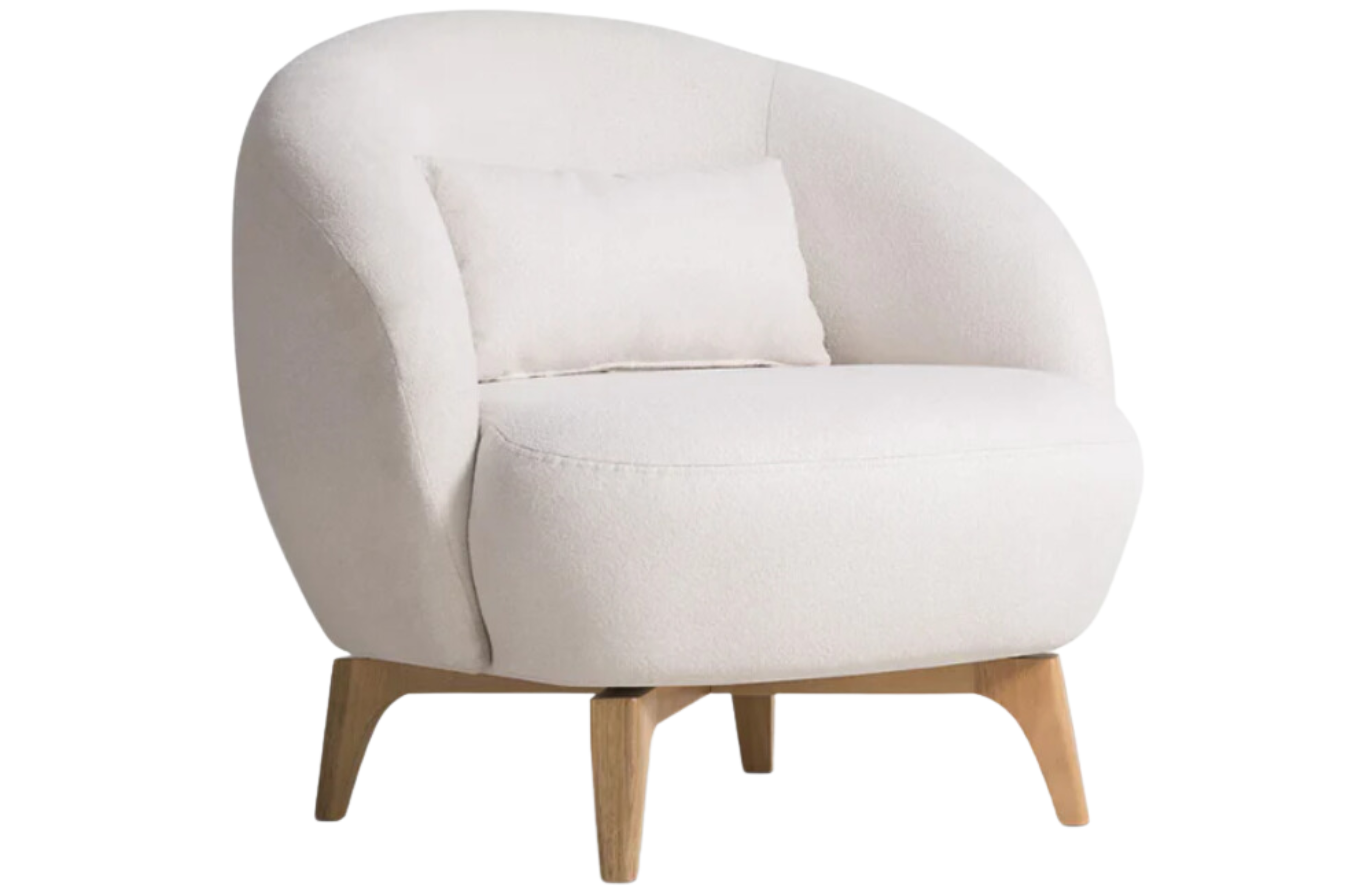 Poltrona estofada moderna modelo Merci, com base em madeira e design contemporâneo, ideal para compor salas de estar com elegância e conforto.