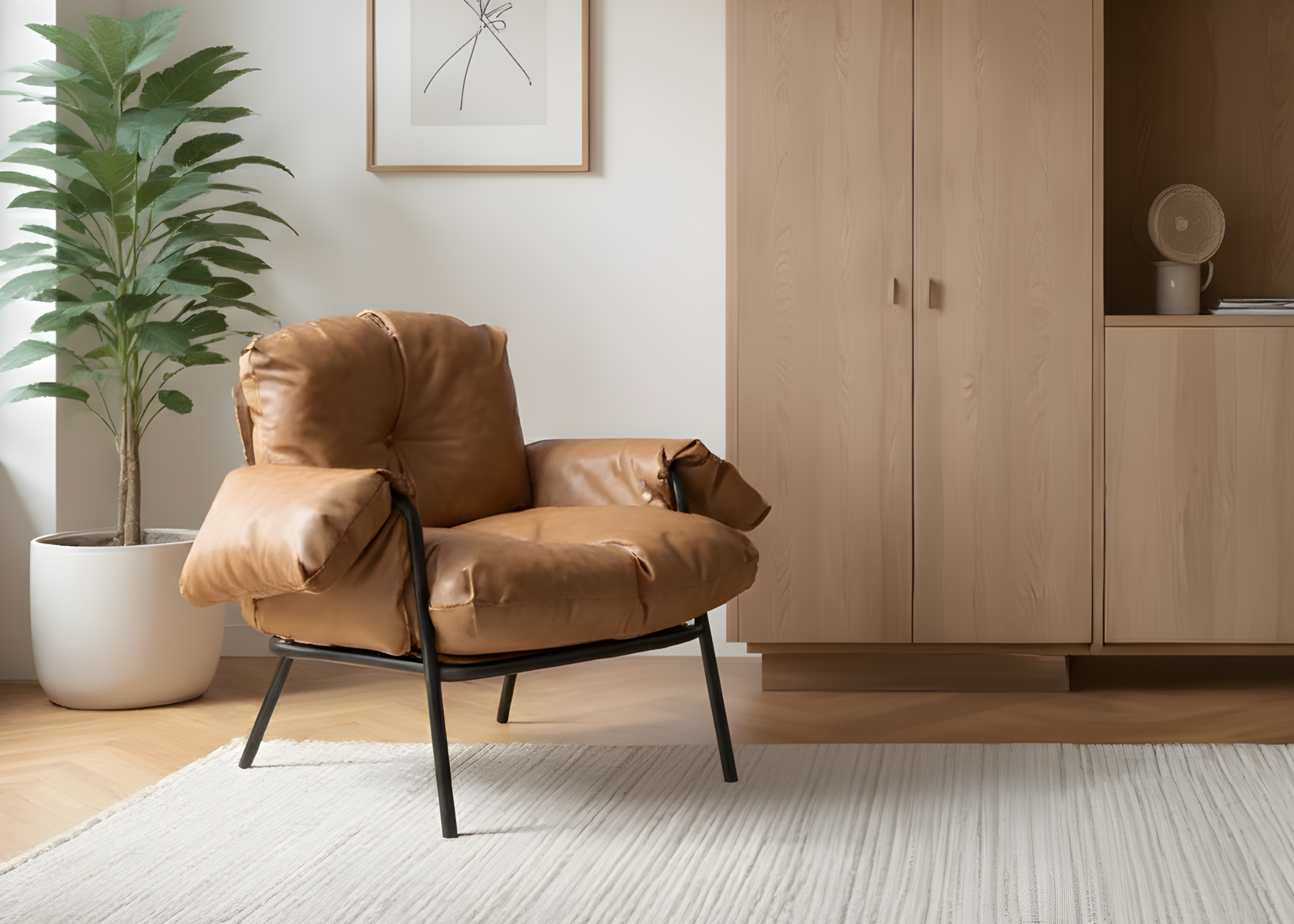 Poltrona estofada modelo Nuvola com revestimento em recouro marrom, design elegante e sofisticado, ideal para compor ambientes modernos.