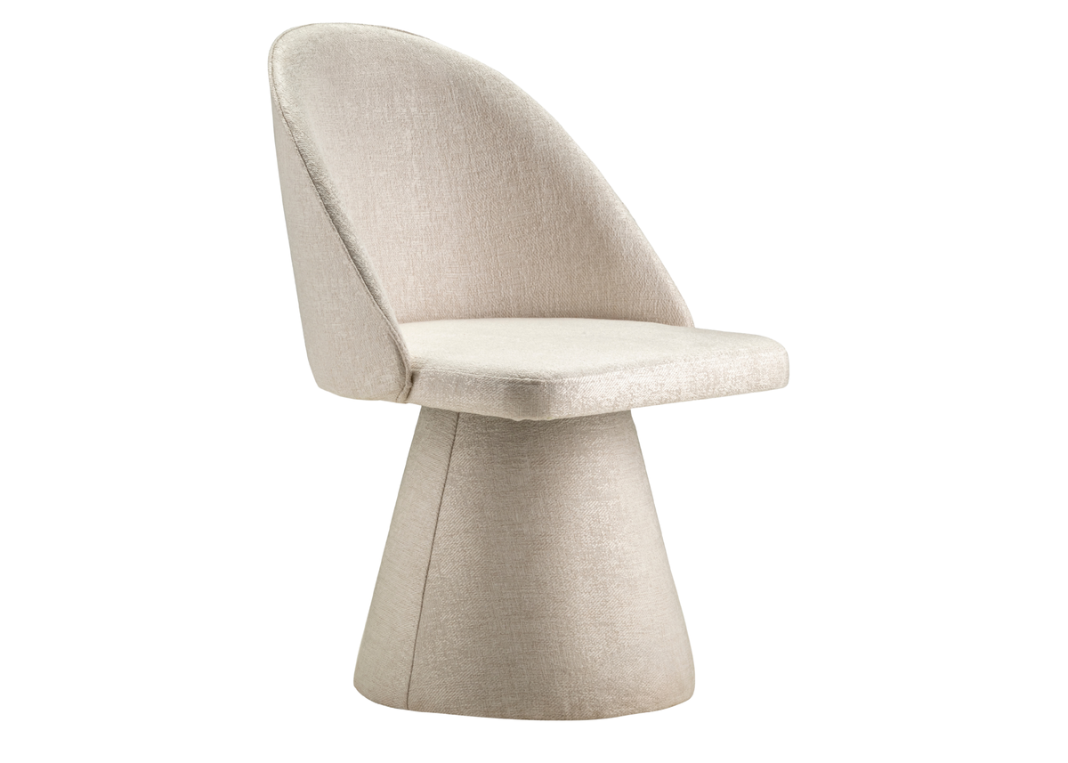 Poltrona giratória Evenn com detalhes encantadores, estofada com revestimento off white, apresentando design luxuoso e sofisticado, ideal para ambientes modernos e refinados.