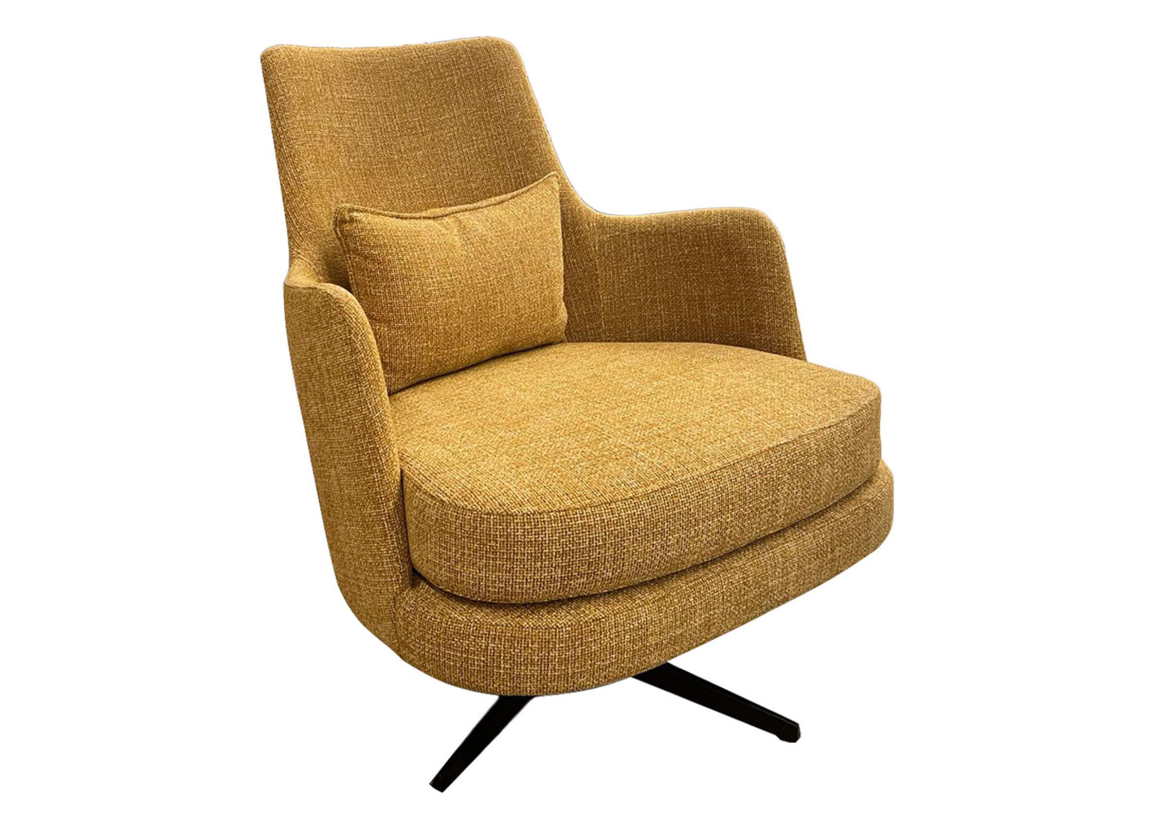 Poltrona giratória Heline revestida em tecido linho amarelo queimado, com design elegante e conforto excepcional, ideal para compor ambientes sofisticados com estilo e personalidade.