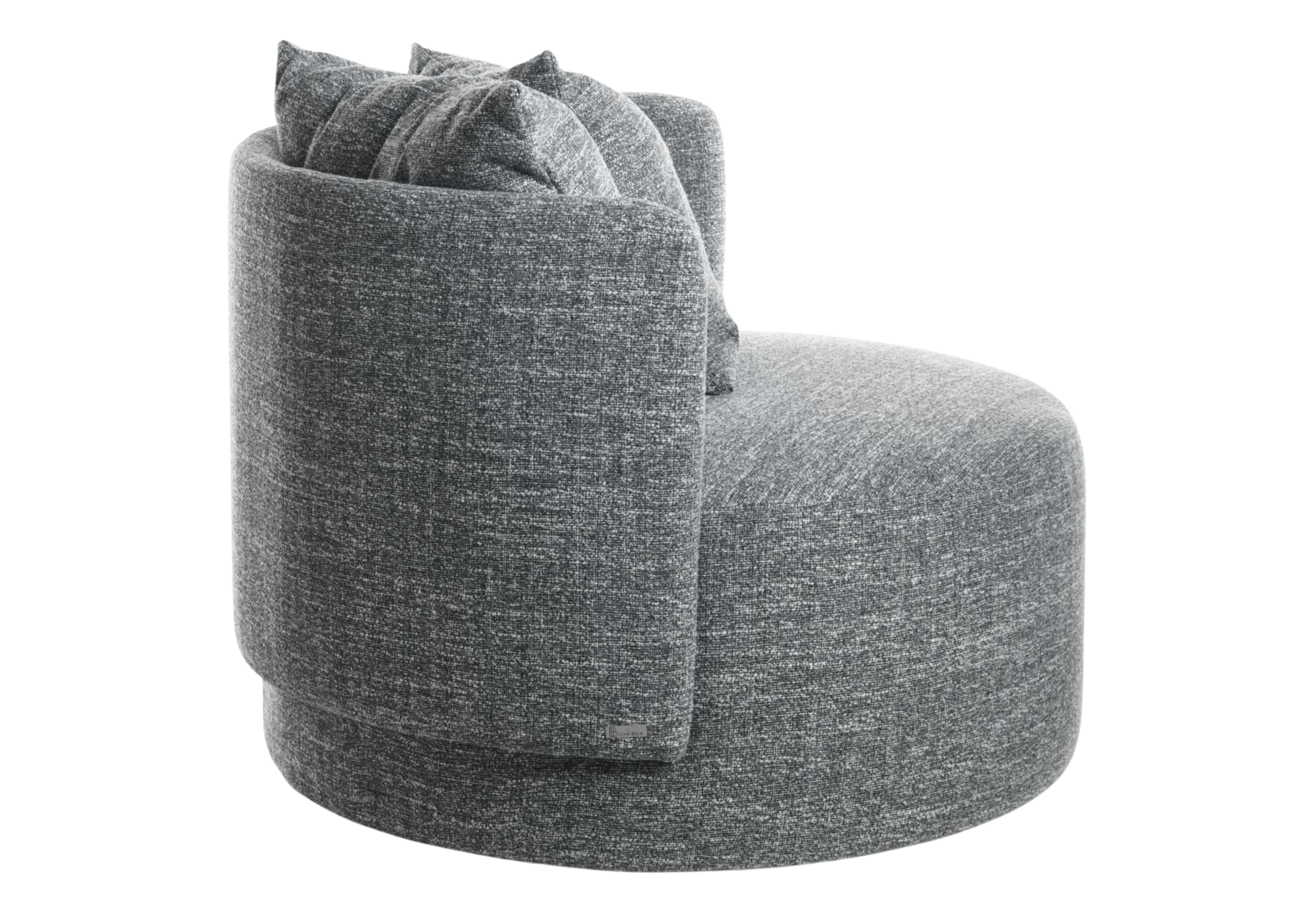Poltrona giratória modelo Tayla para sala de estar, revestida em tecido cinza, design moderno e confortável.