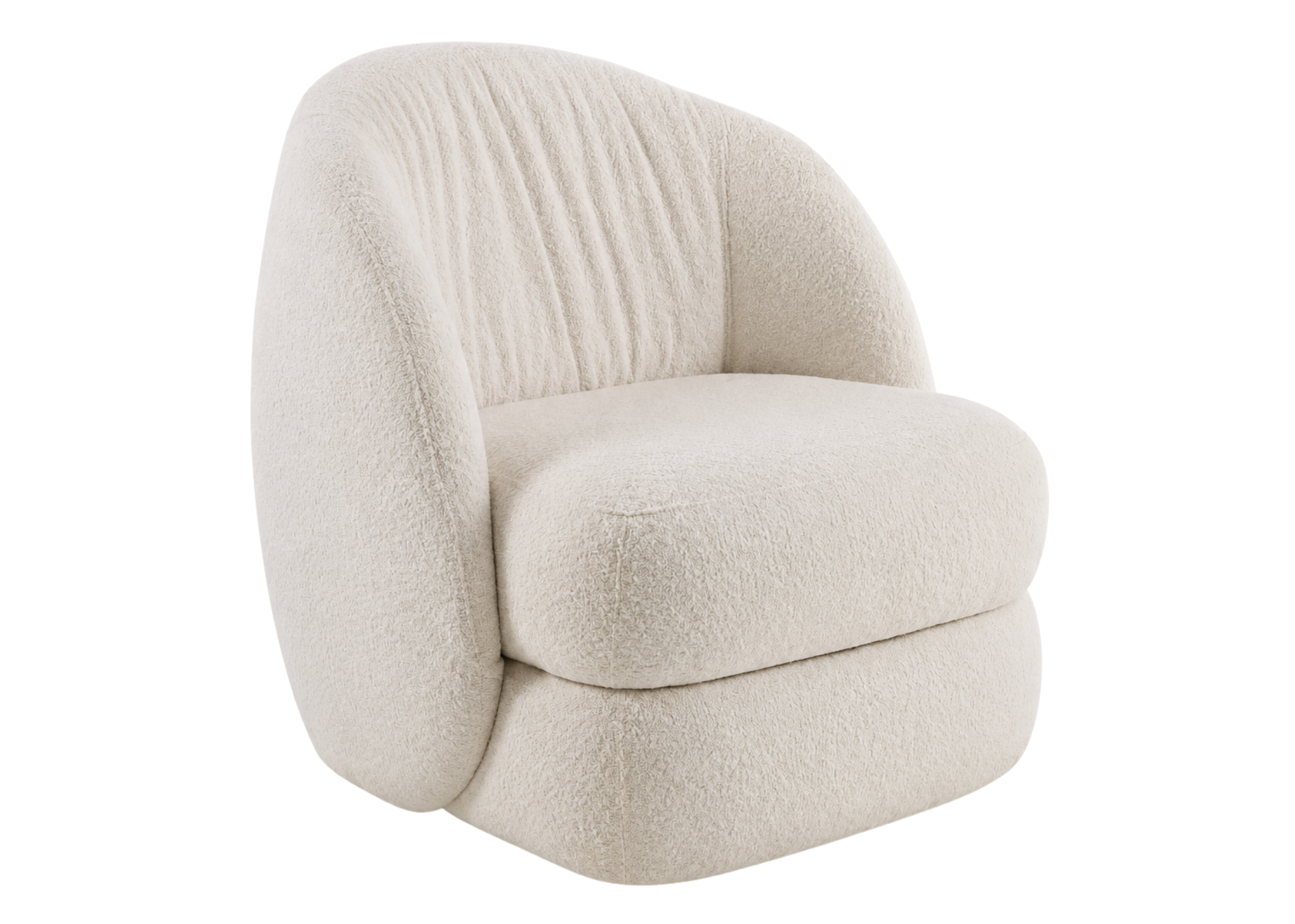 Poltrona giratória Pétala com revestimento em bouclé off white, base giratória e acabamento estofado, apresentando design elegante e sofisticado para ambientes modernos.