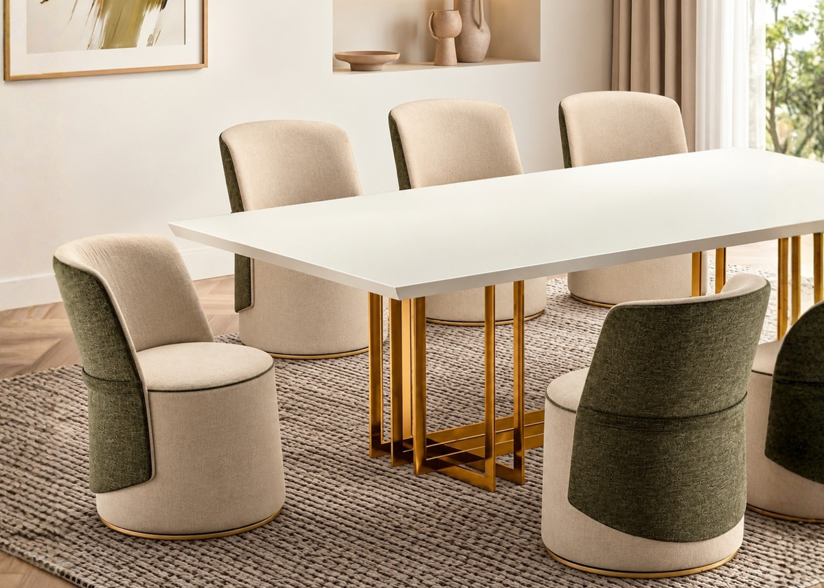 Poltrona giratória Prisma em sala de jantar luxuosa e elegante, apresentando design sofisticado e contemporâneo, ideal para compor ambientes refinados.