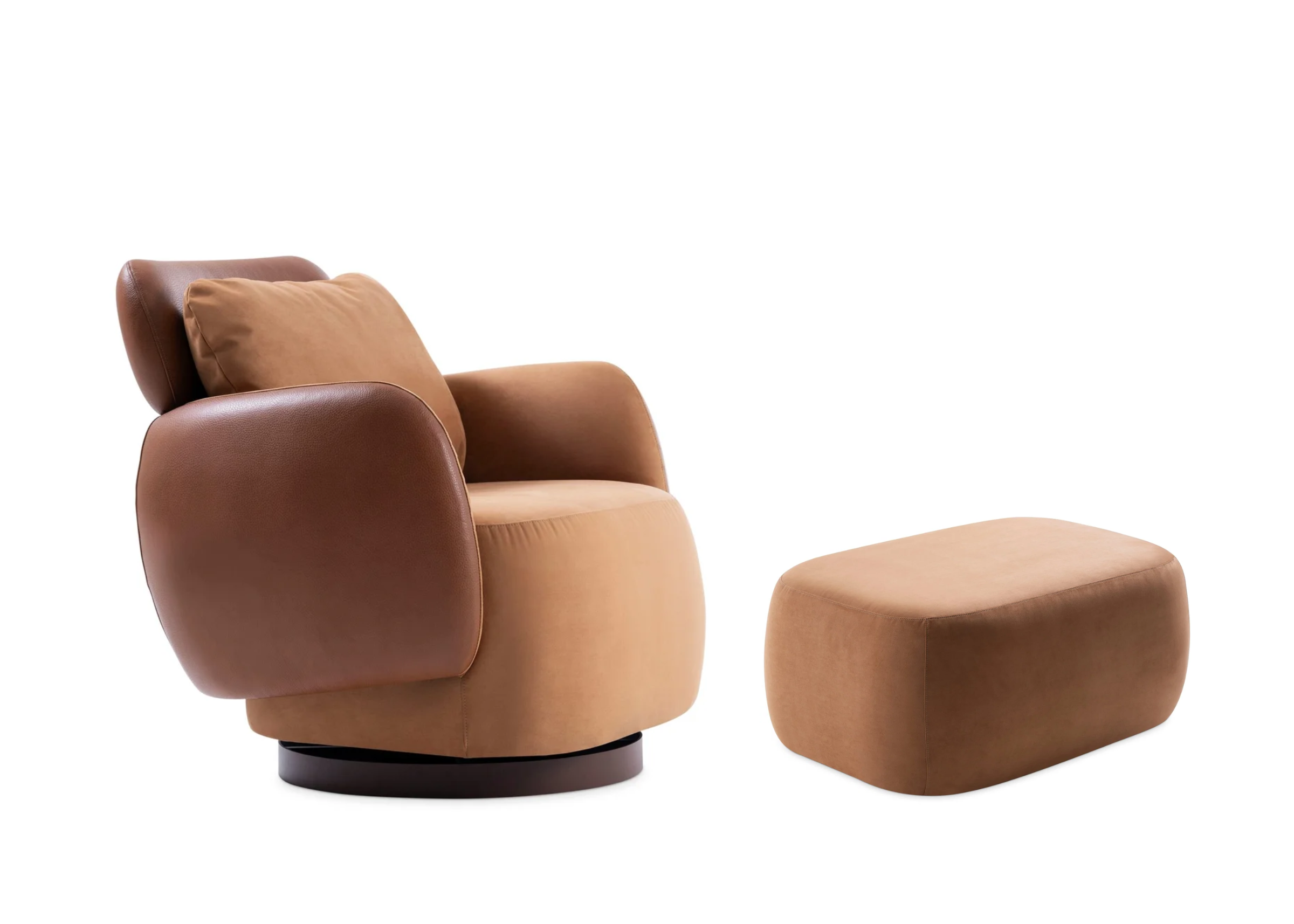 Poltrona Giratória Jasmin para sala de estar com puff, unindo elegância e conforto em um design sofisticado.