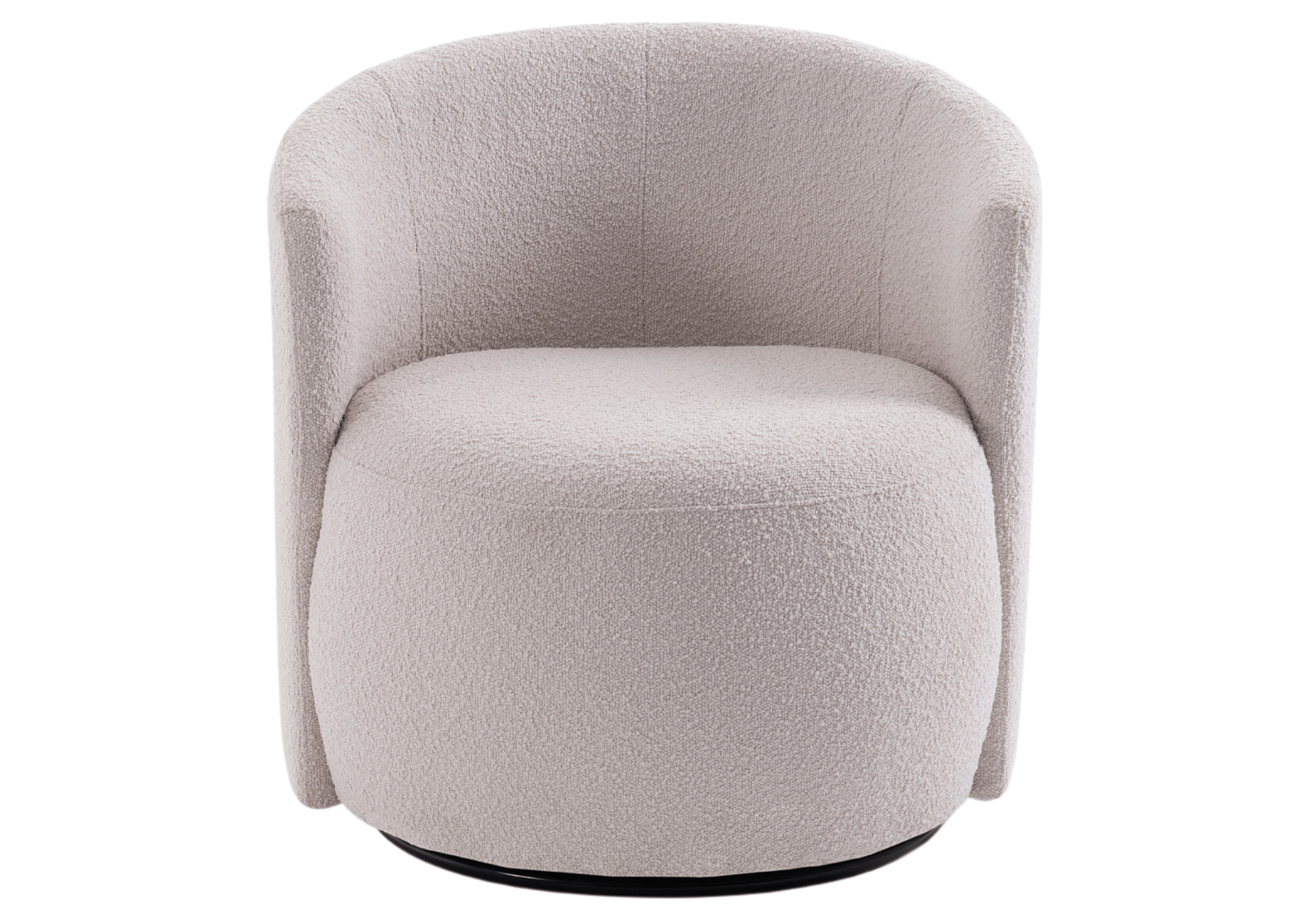 Poltrona giratória com base em alumínio e assento arredondado estofado em tecido boucle, perfeita para ambientes modernos e aconchegantes.