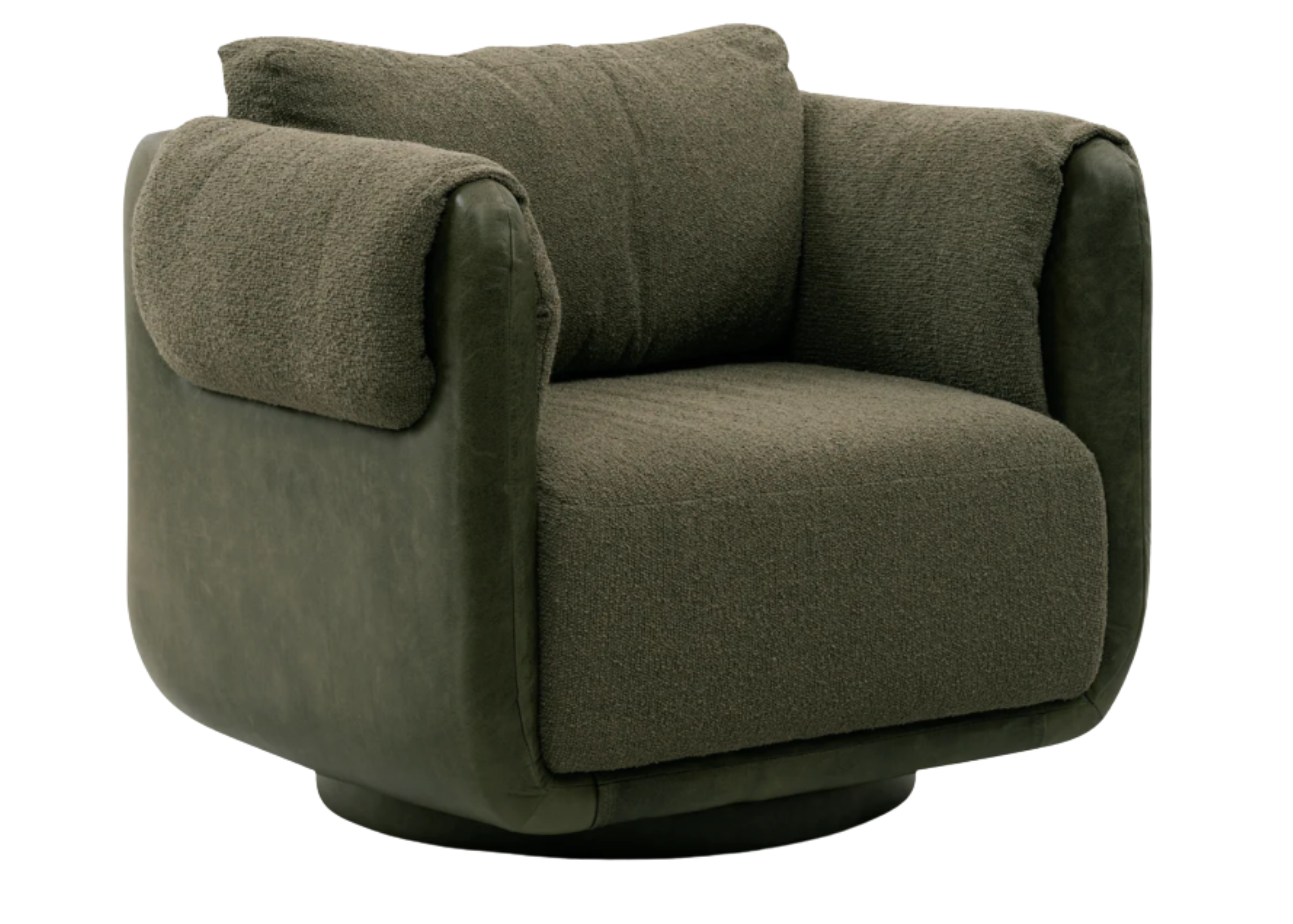 Poltrona giratória Ted com revestimento em verde musgo, design elegante e confortável, ideal para ambientes modernos e sofisticados.