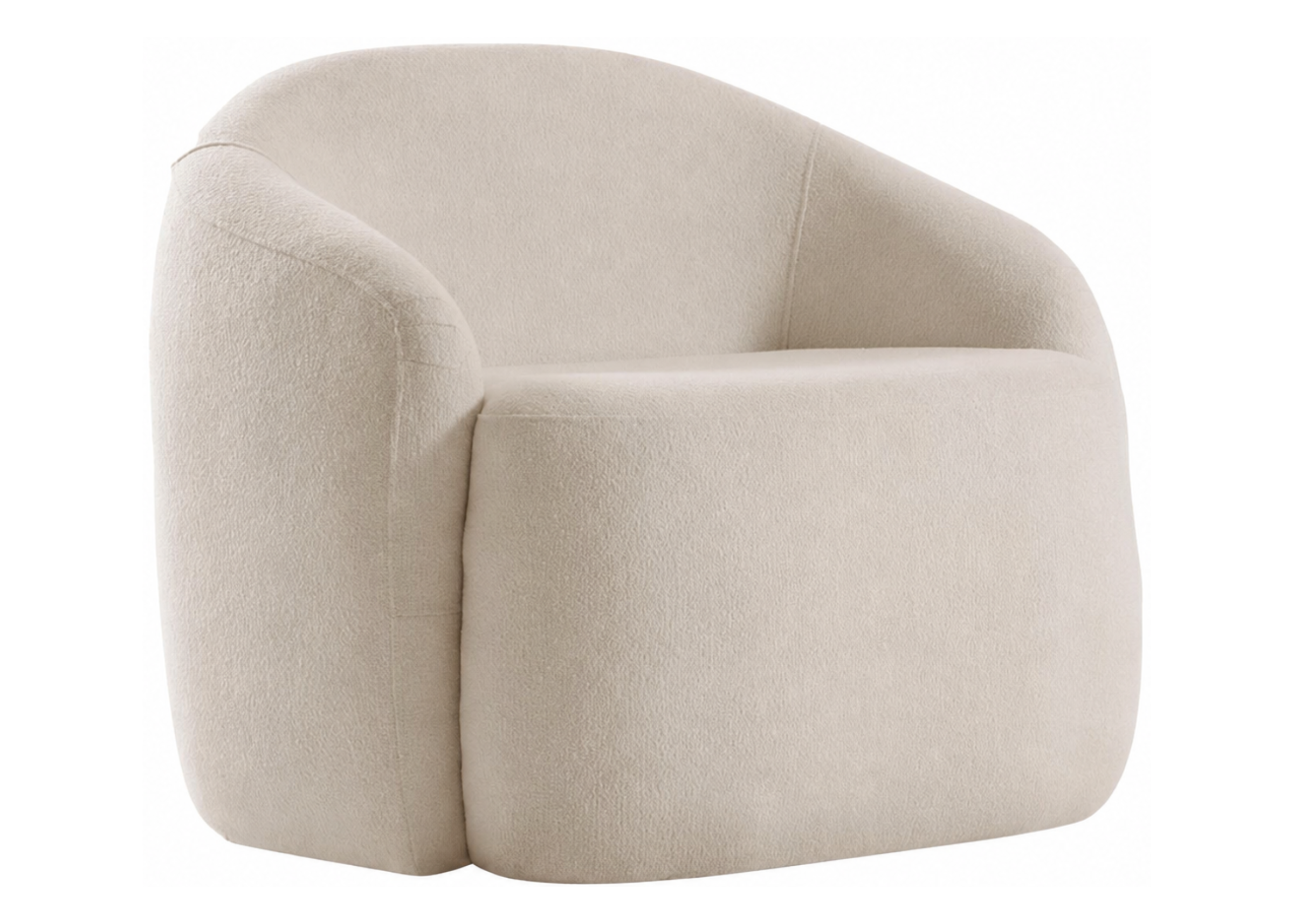 Poltrona giratória Varenna com revestimento em bouclé branco e base giratória, apresentando design elegante e sofisticado, ideal para compor ambientes modernos e acolhedores.