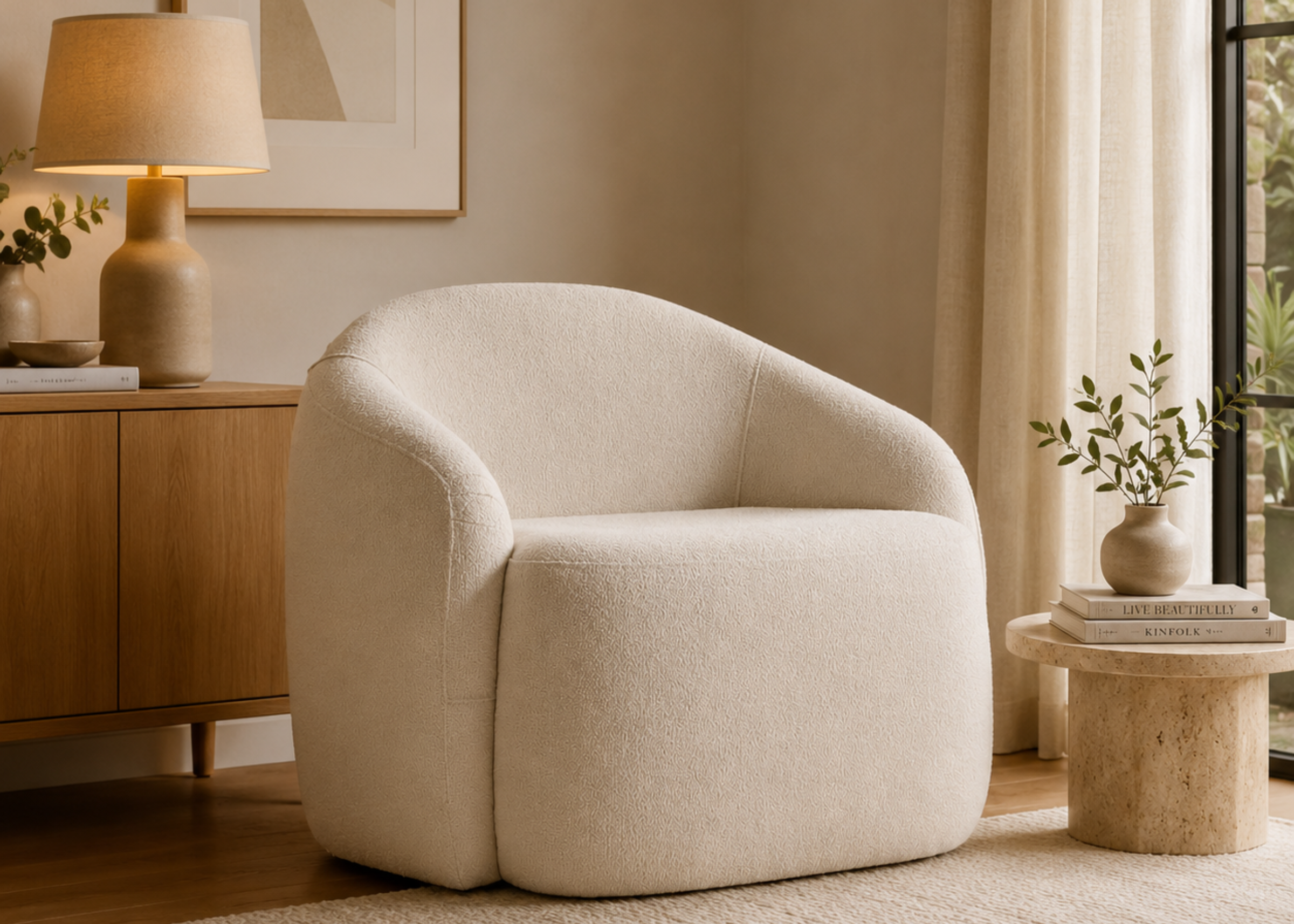 Poltrona giratória Varenna com revestimento em bouclé off white e acabamento estofado, apresentando design sofisticado e confortável para compor ambientes elegantes.