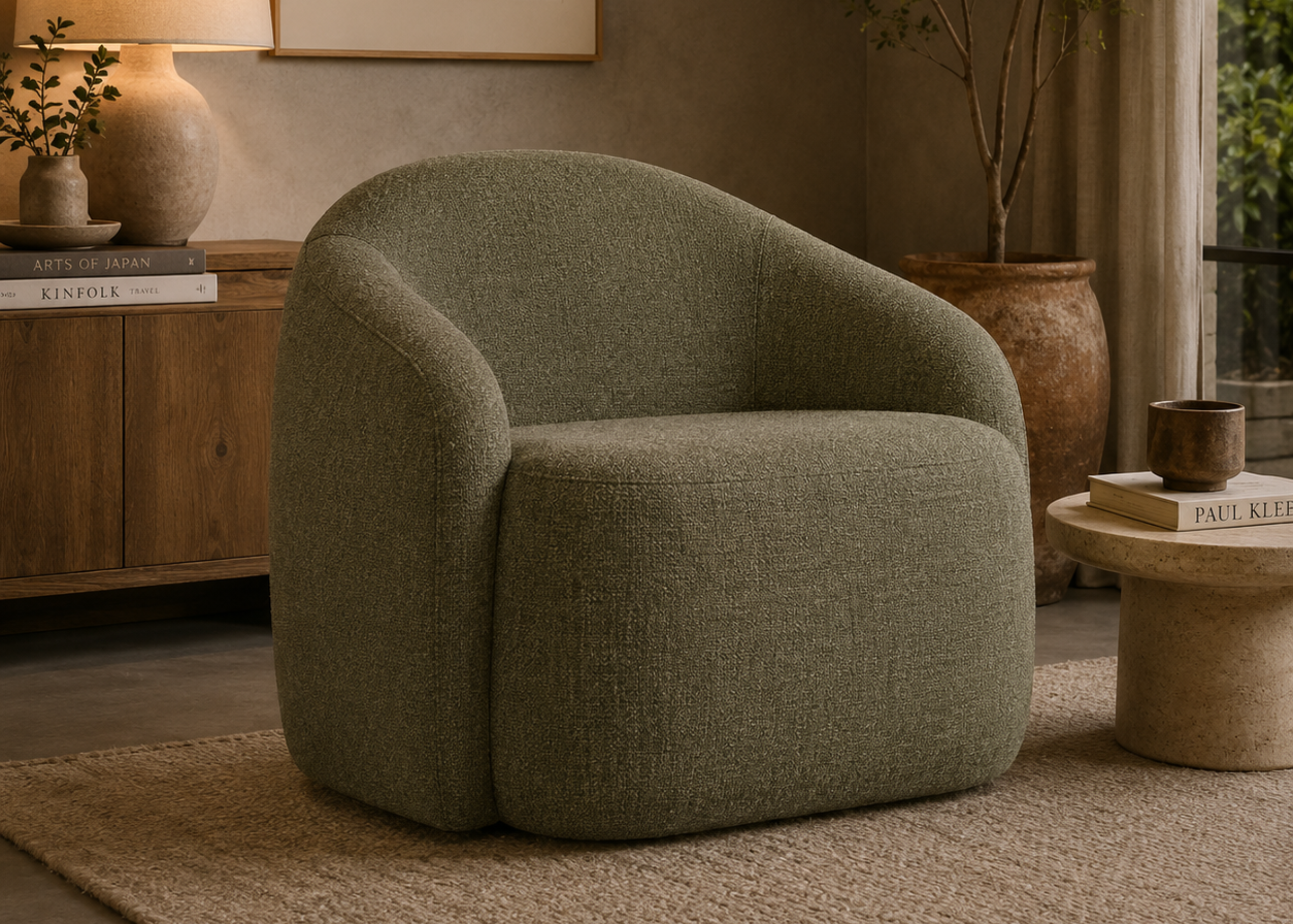 Poltrona giratória Varenna com revestimento em linho verde e acabamento estofado, apresentando design moderno e acolhedor, ideal para ambientes sofisticados.