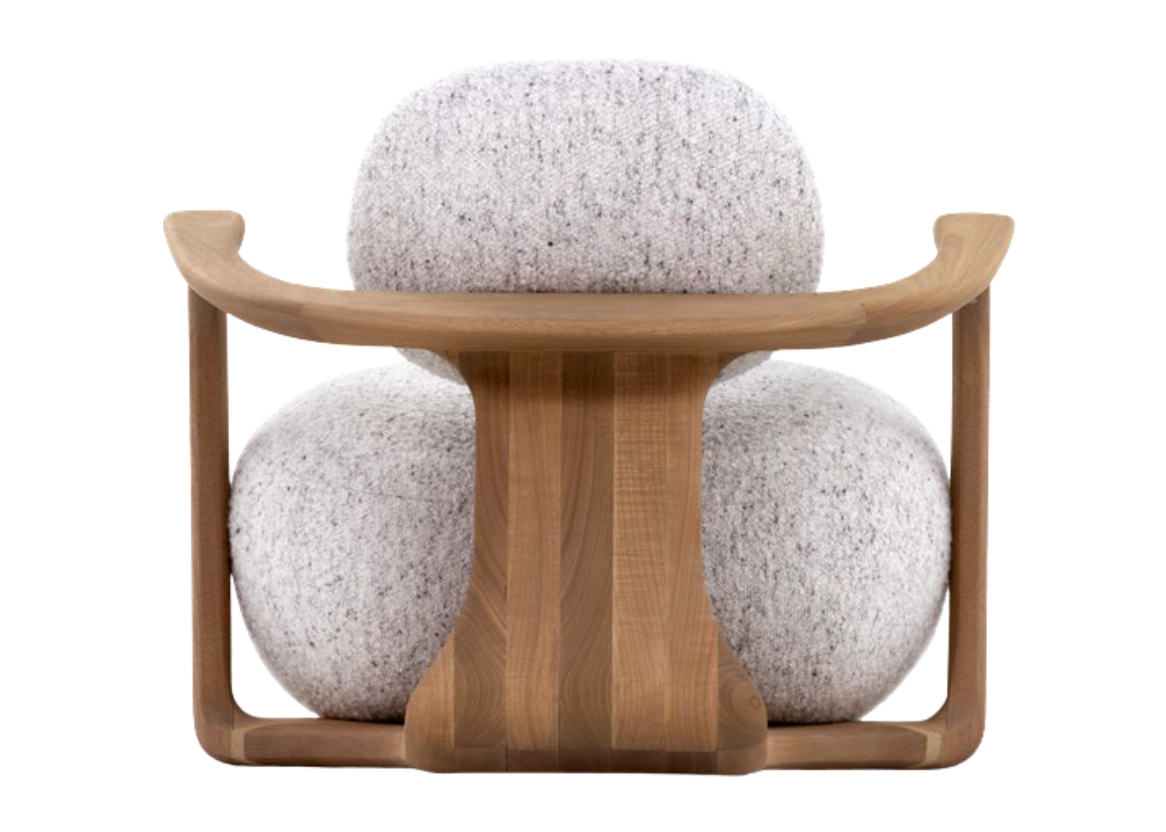 Poltrona Ícone com costas marcantes em madeira, evidenciando conforto, design sofisticado e acabamento elegante.