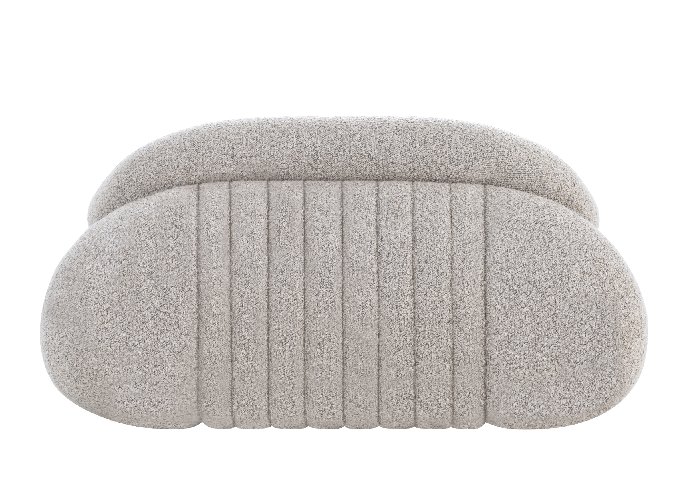 Poltrona Jubarte com detalhes encantadores e revestimento em boucle cinza, unindo conforto, elegância e design contemporâneo para ambientes sofisticados.