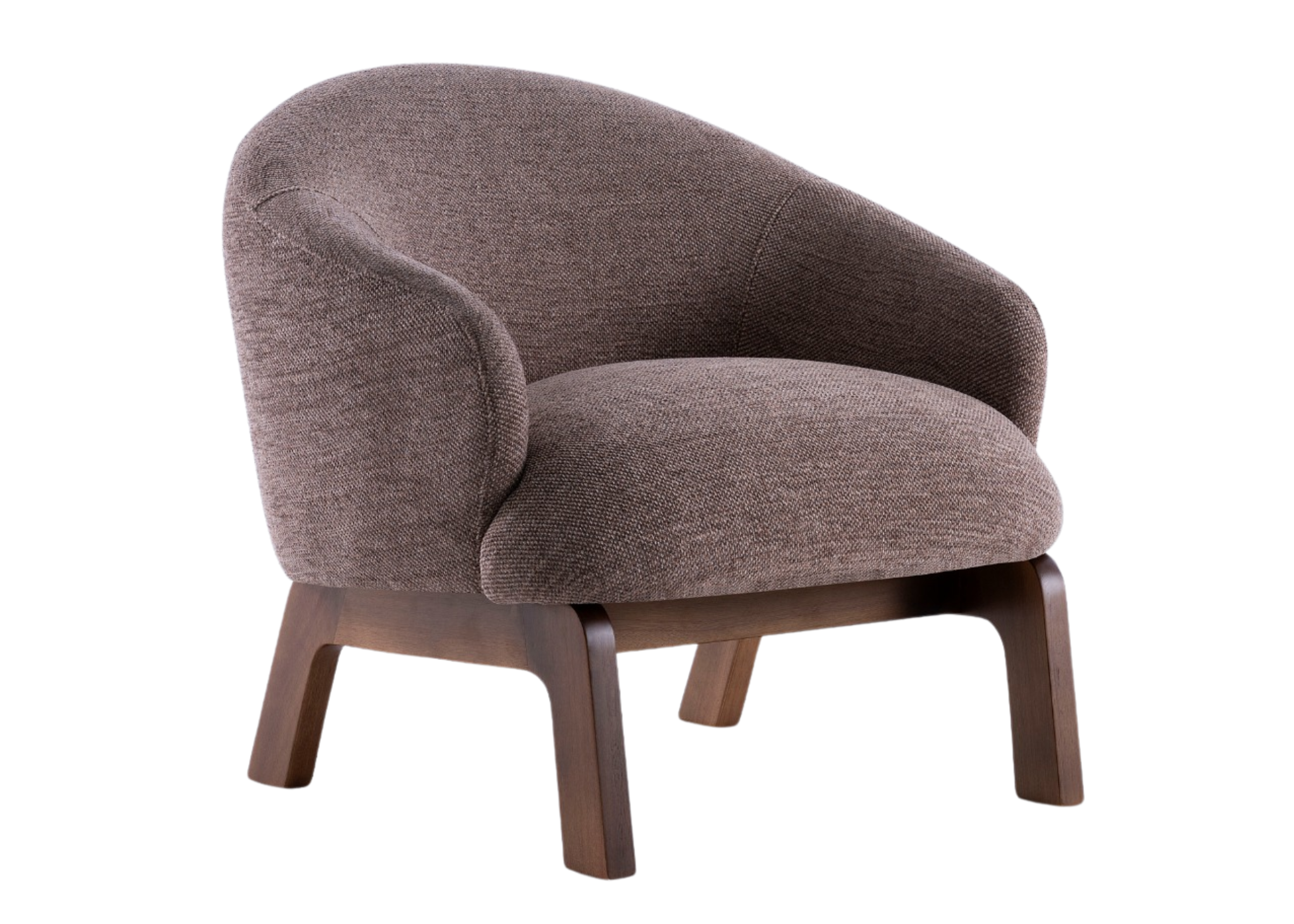 Poltrona Lara com revestimento em linho e base em madeira, apresentando design confortável e elegante, ideal para compor ambientes modernos e acolhedores.