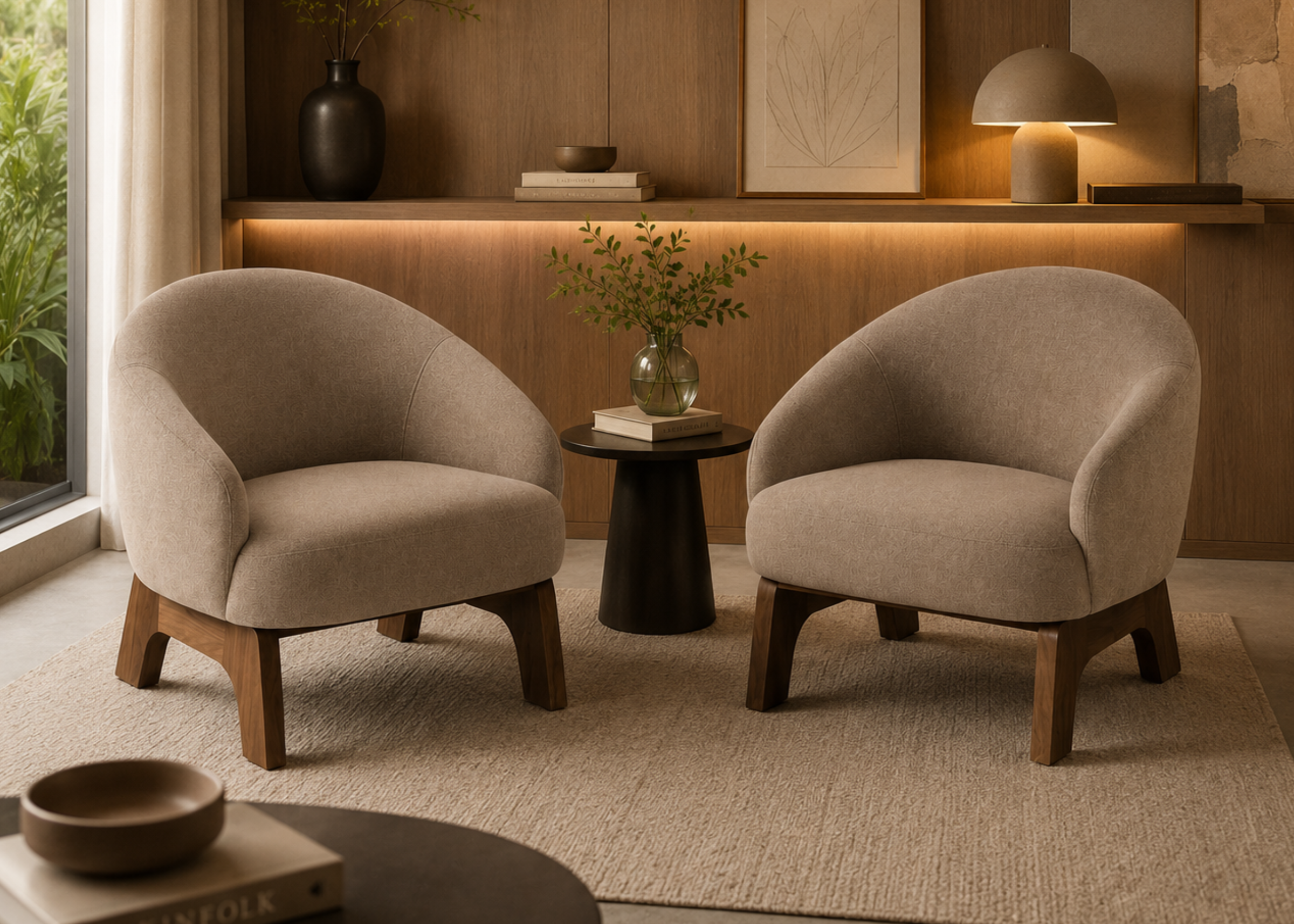 Poltrona Lara em sala moderna e contemporânea, apresentando design elegante e confortável, ideal para compor ambientes sofisticados e acolhedores.