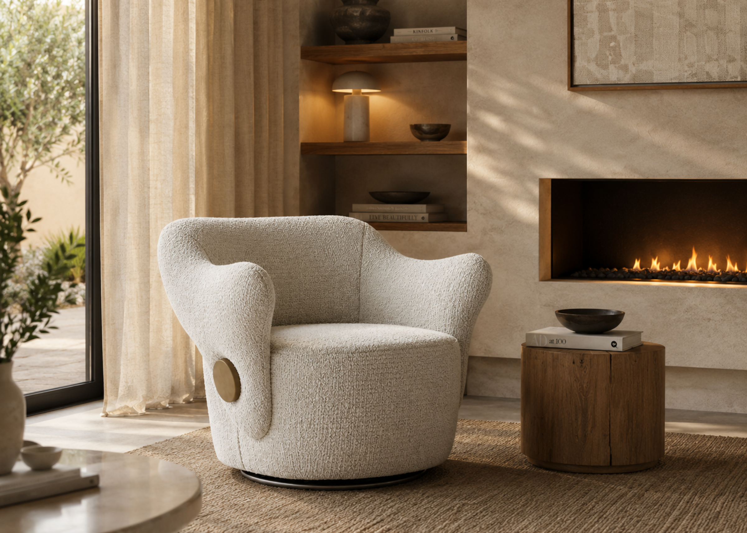 Poltrona Libella com revestimento em bouclé off white e detalhe em madeira, apresentando design acolhedor e sofisticado, ideal para ambientes contemporâneos.