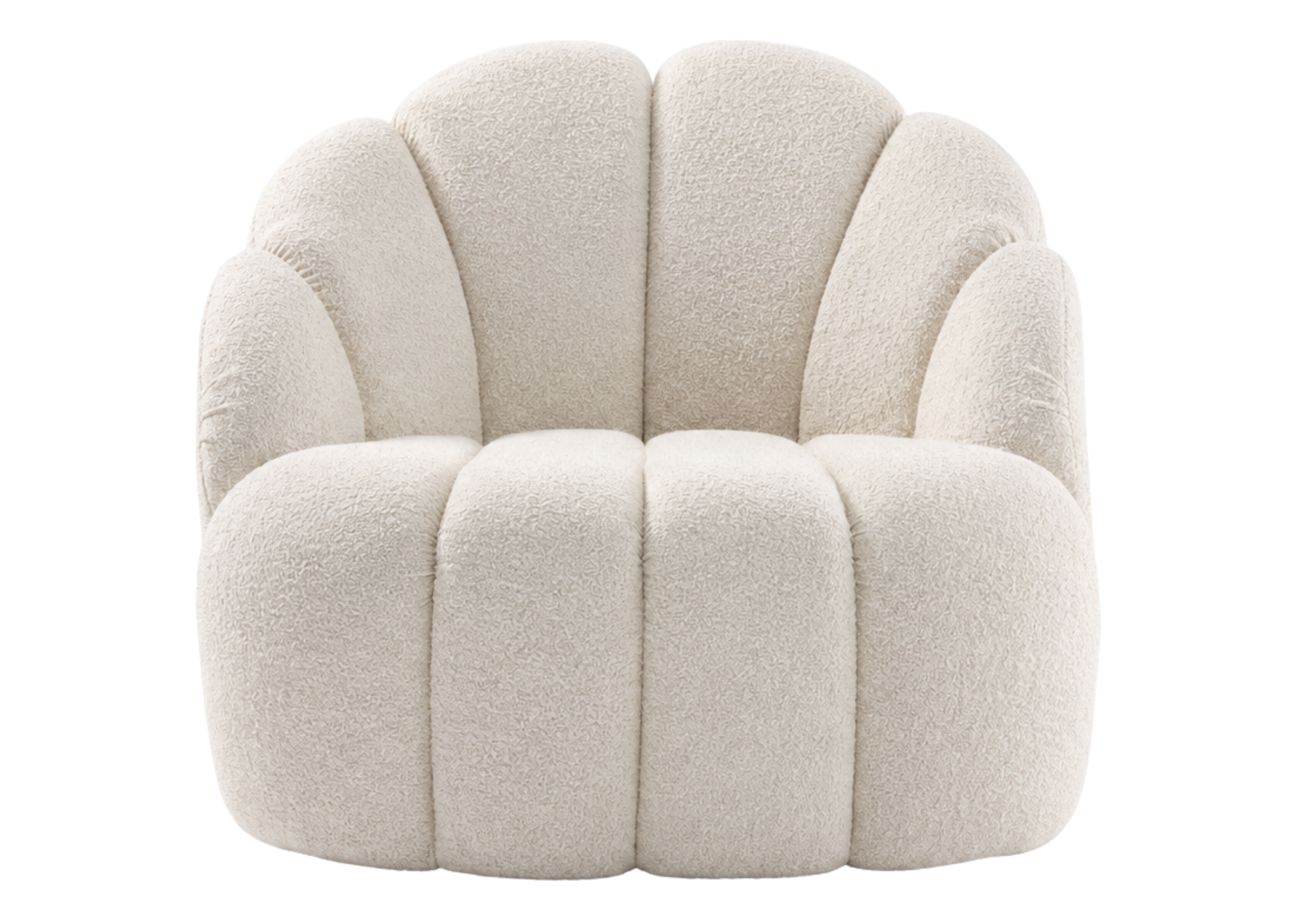 Poltrona Magnólia com revestimento em bouclé off white e base giratória, apresentando design confortável e refinado para compor ambientes acolhedores.