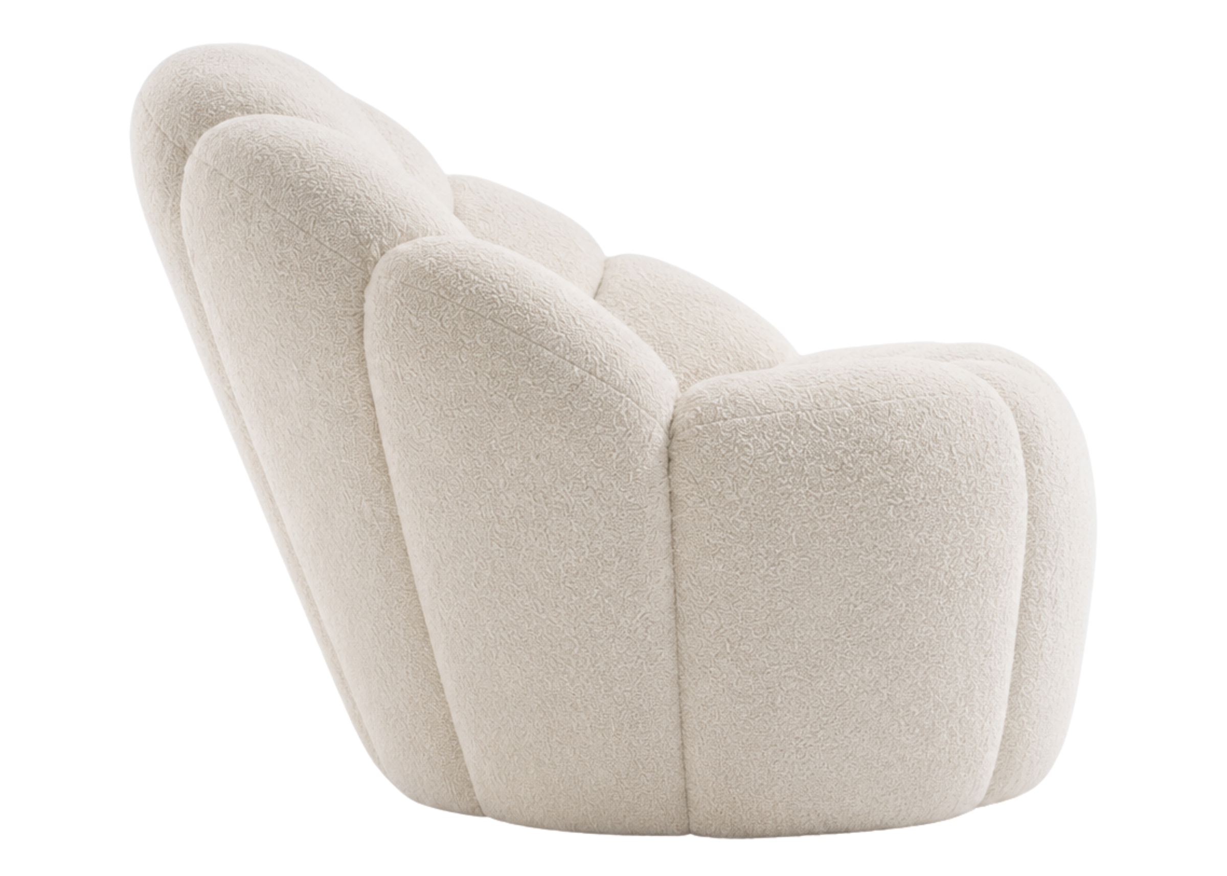Poltrona Magnólia com design moderno, revestimento em bouclé off white e base giratória, ideal para compor espaços sofisticados e contemporâneos.