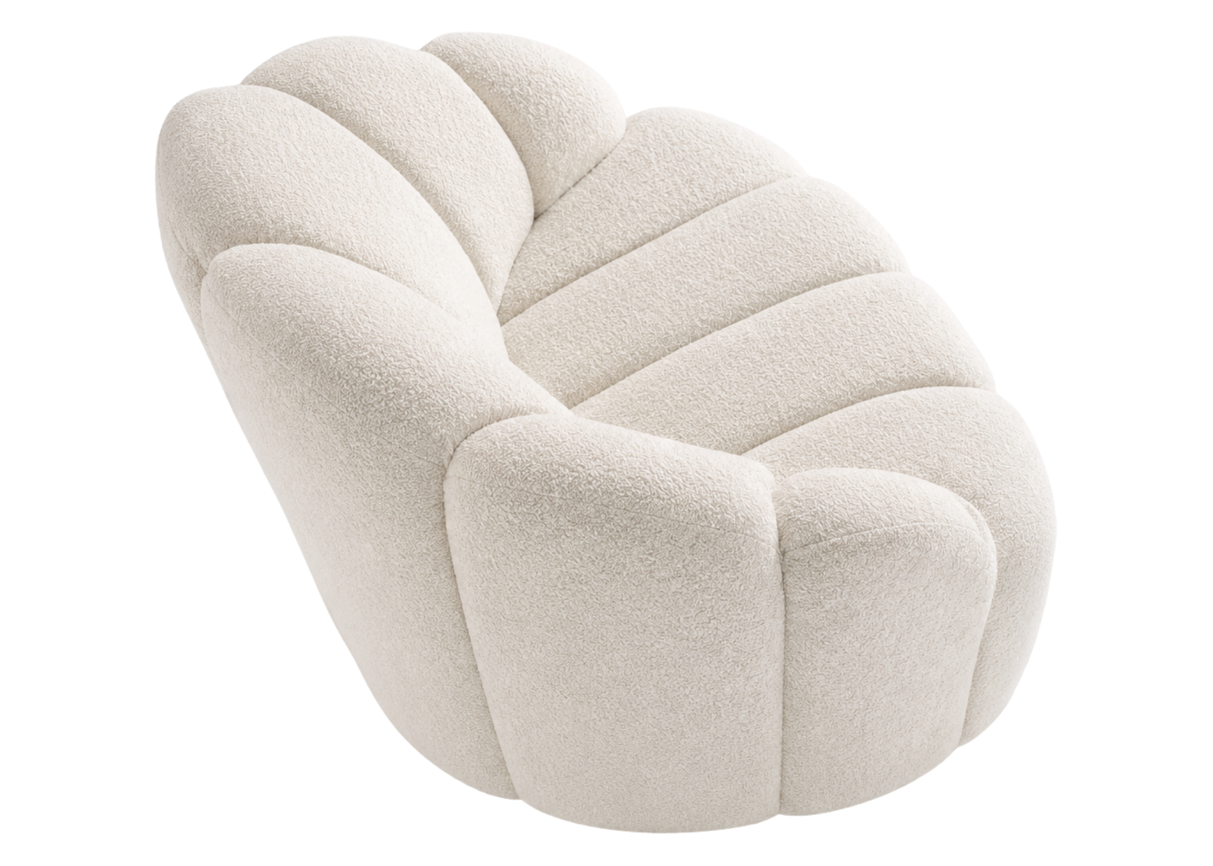 Poltrona Magnólia estofada em bouclé off white com base giratória, apresentando design elegante e confortável para ambientes refinados.