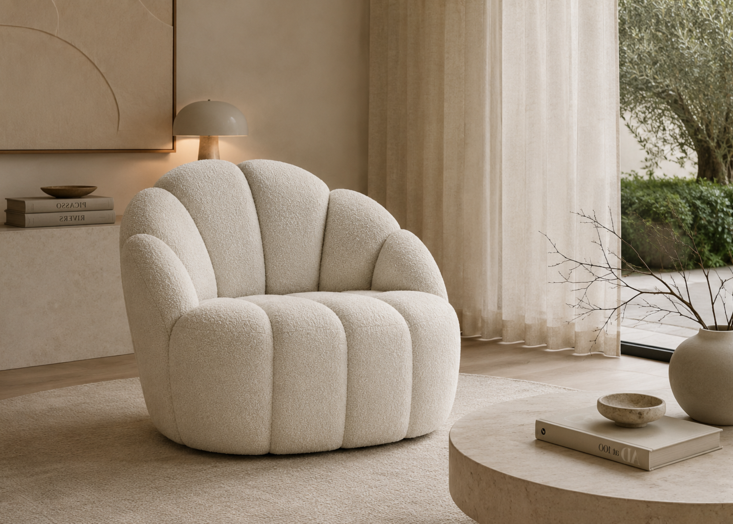Poltrona Magnólia com revestimento em bouclé off white e base giratória, ideal para compor ambientes modernos com sofisticação e conforto.