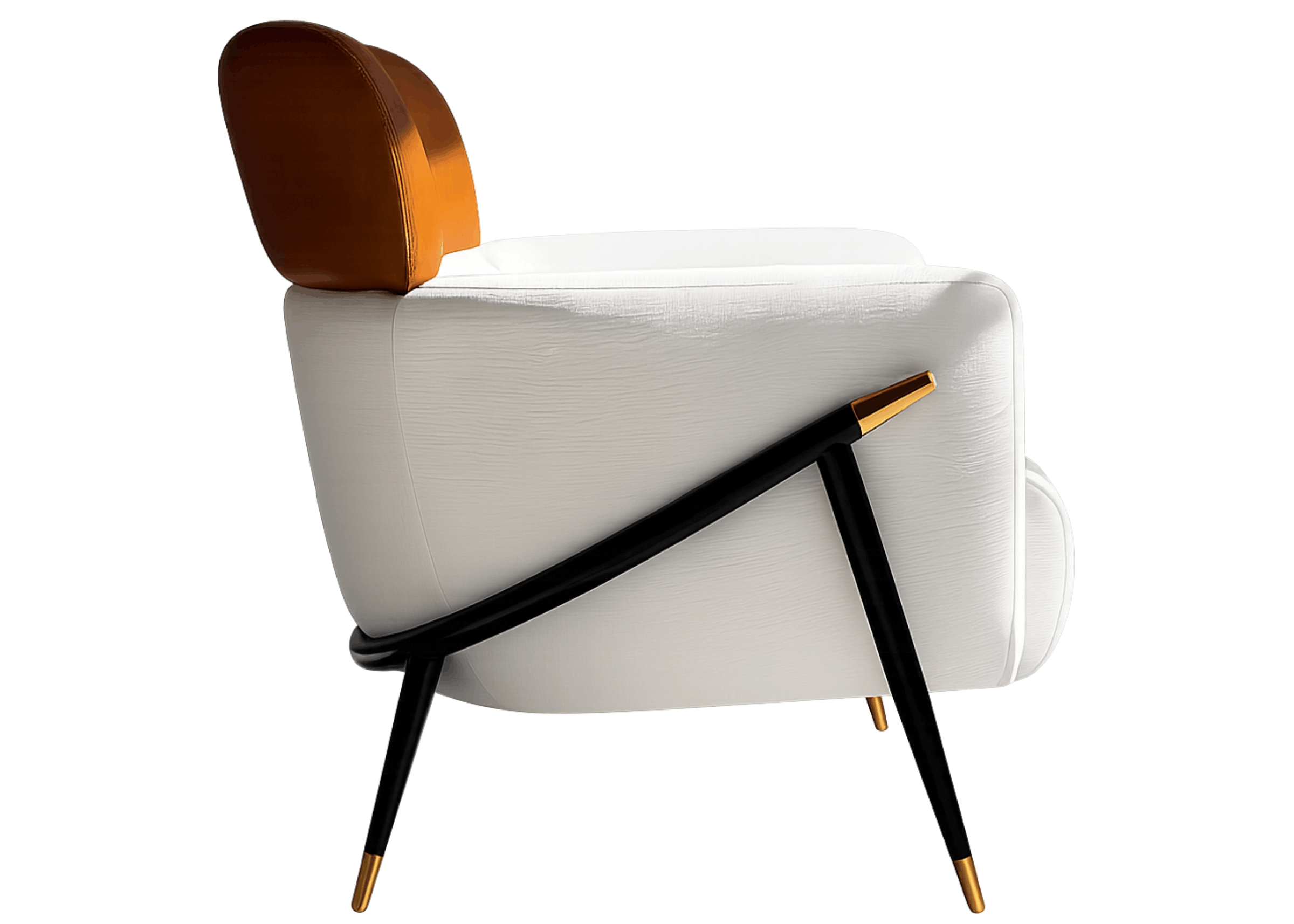 Poltrona Medelin design contemporâneo com base metálica laqueada, detalhes em gold e assento volumoso estofado em tecido claro.