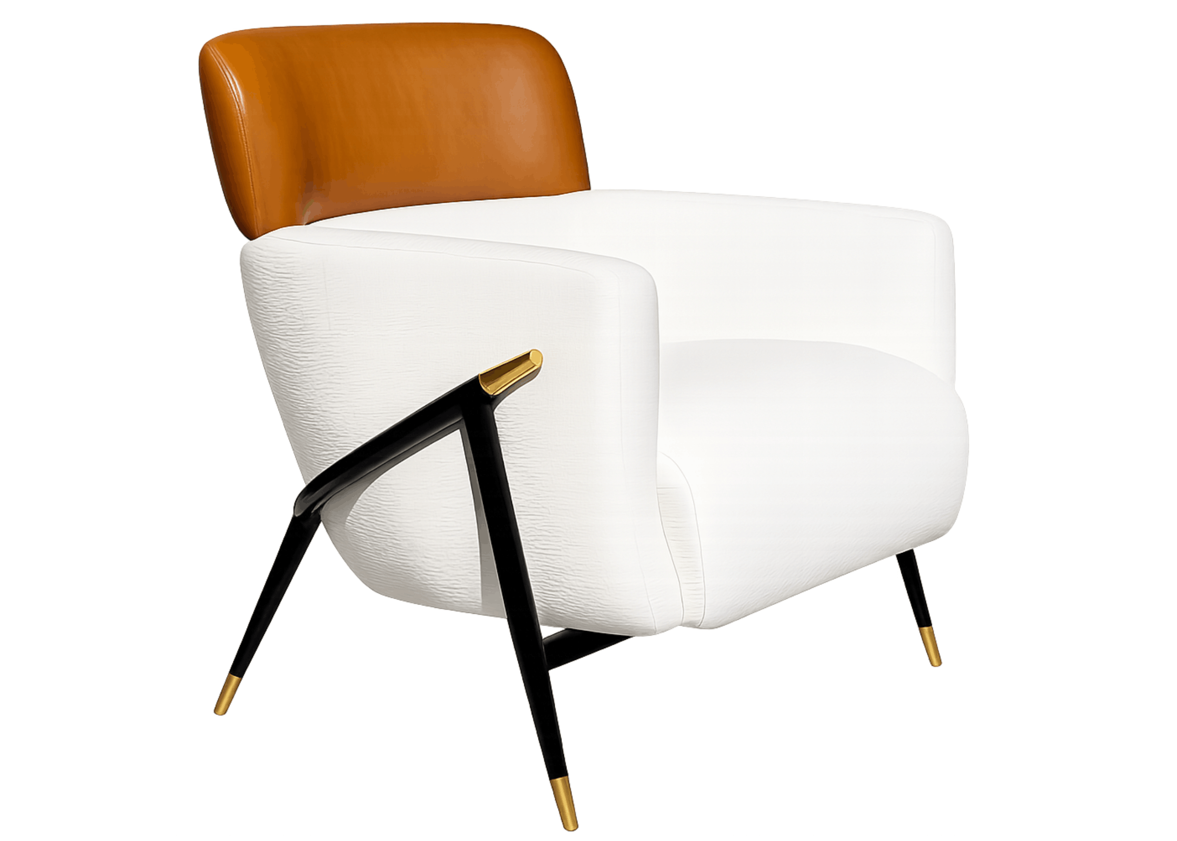 Poltrona Medelin com estrutura laqueada preta, ponteiras em metal gold e estofado em tecido texturizado com encosto em couro caramelo.