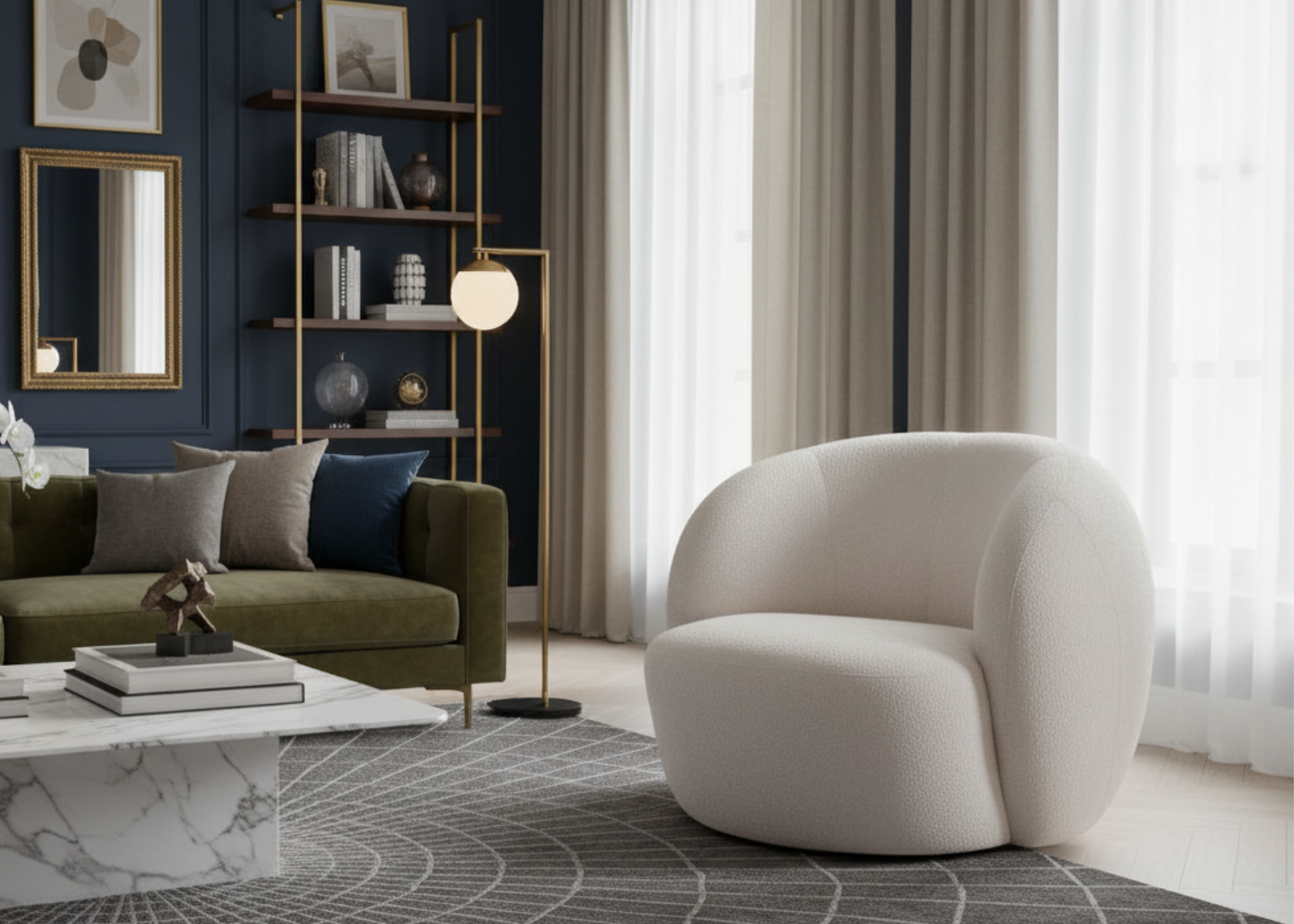 Poltrona moderna modelo Sole, estofada com braços e revestimento de alto padrão, base fixa e design sofisticado, ideal para salas de estar elegantes.