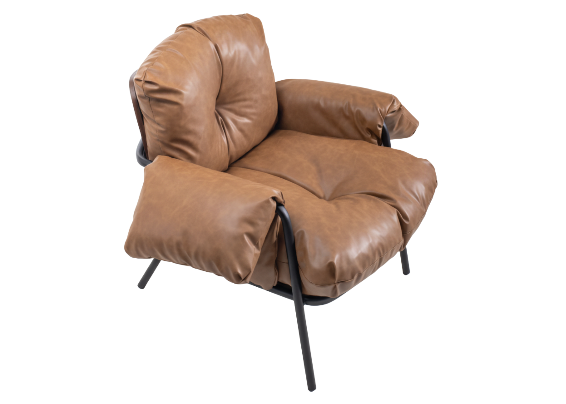 Poltrona moderna modelo Nuvola em couro sintético caramelo, com base em aço carbono, ideal para salas de estar sofisticadas.