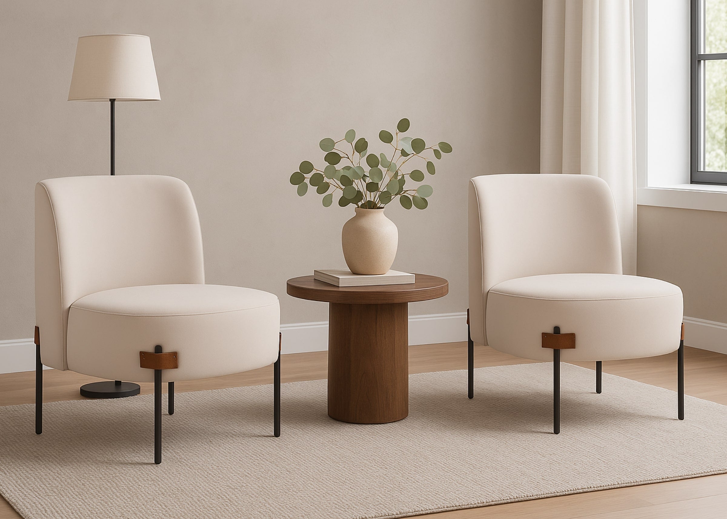 Poltrona moderna para sala, com base em aço carbono preto e estofado em boucle branco, modelo Bea, trazendo sofisticação e conforto ao ambiente.
