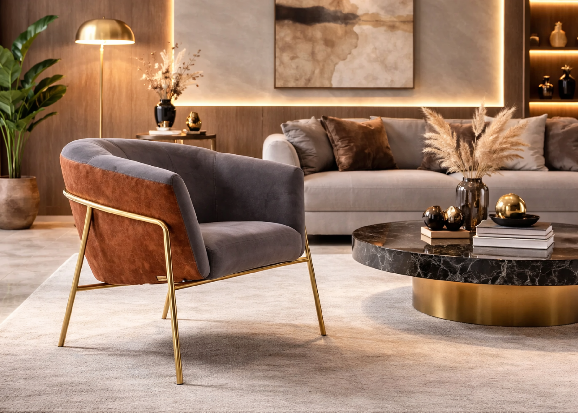 Poltrona Morgan em ambiente moderno e luxuoso, com design transformador ideal para composições elegantes e sofisticadas.