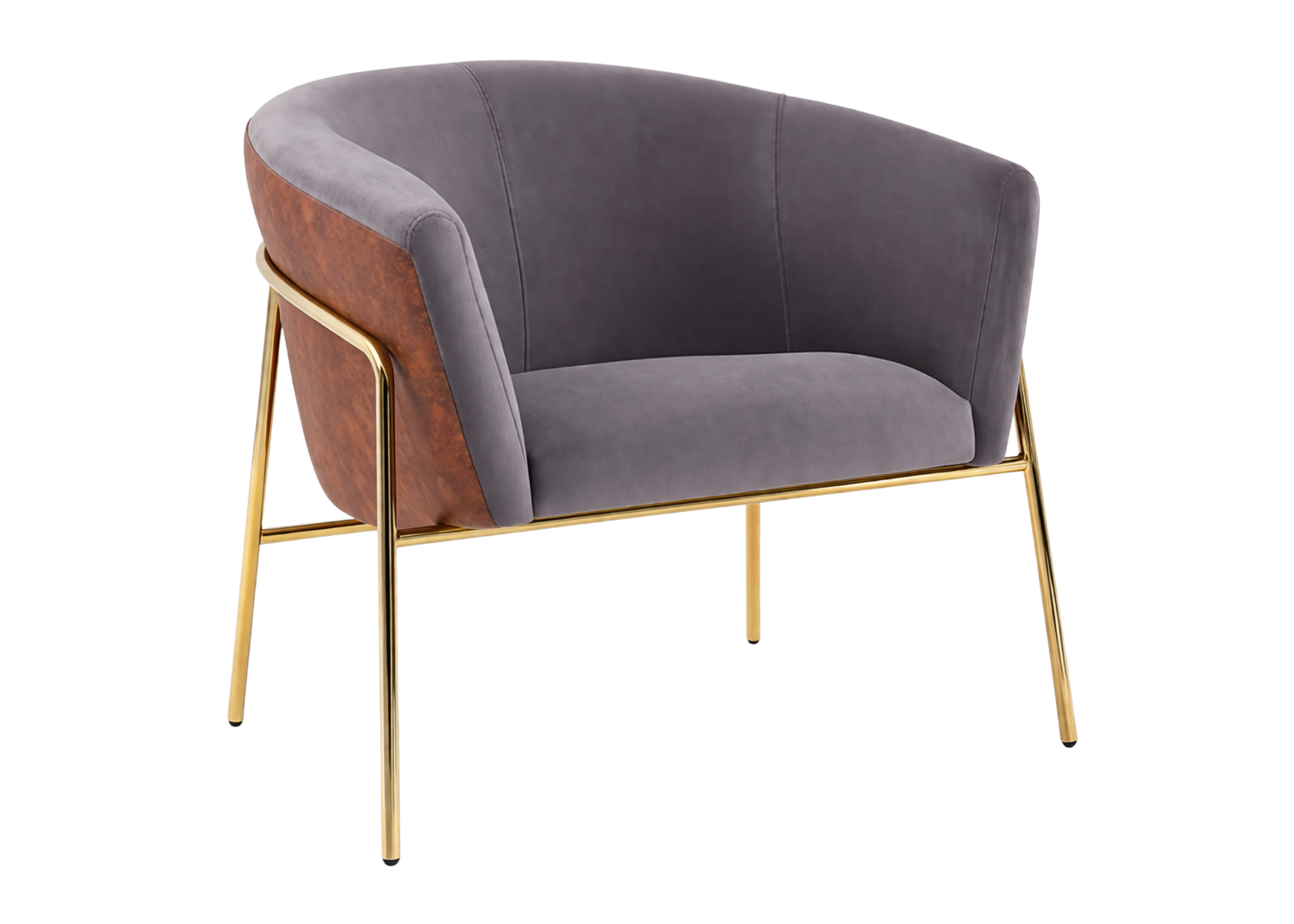 Poltrona Morgan magnífica com revestimento cinza, costas em recouro marrom e base dourada, com design sofisticado ideal para ambientes elegantes e contemporâneos.