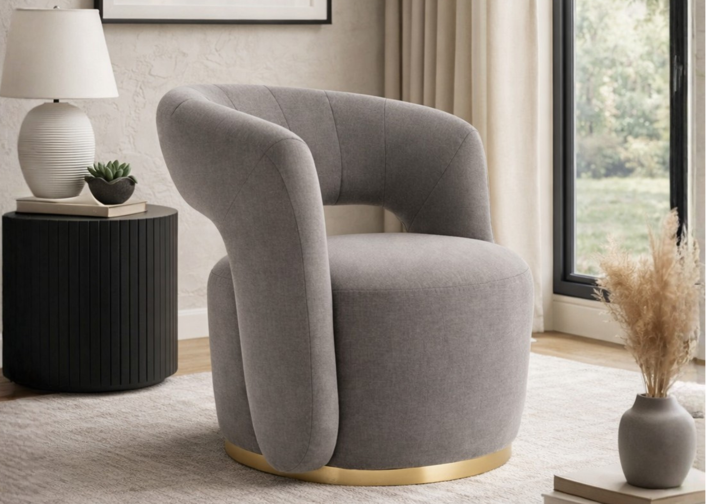 Poltrona Nuvem em ambiente moderno e sofisticado, com revestimento em veludo cinza, ideal para composições elegantes e acolhedoras.
