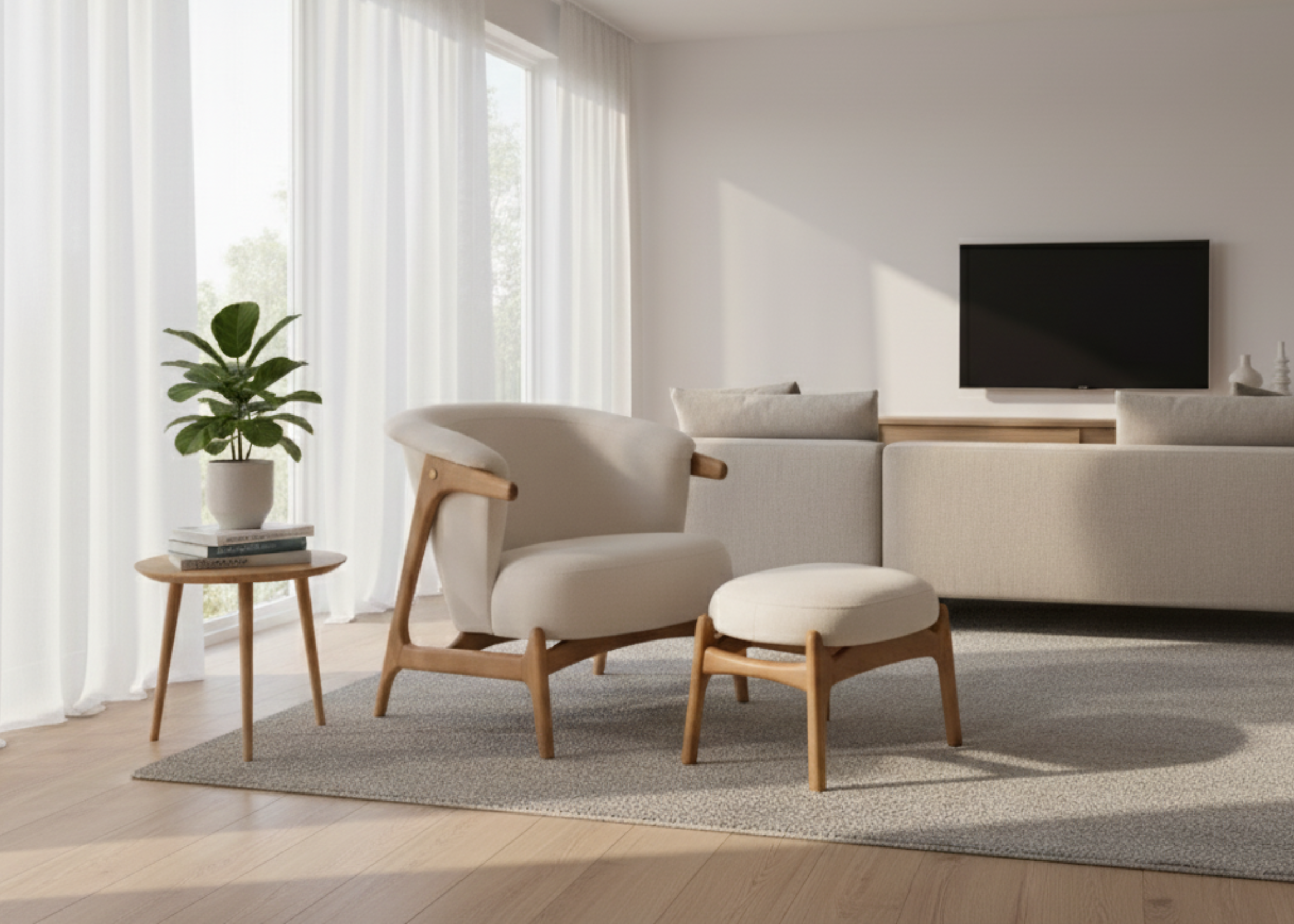 Poltrona modelo Ninho para sala de estar, acompanhada de puff, design contemporâneo e confortável.