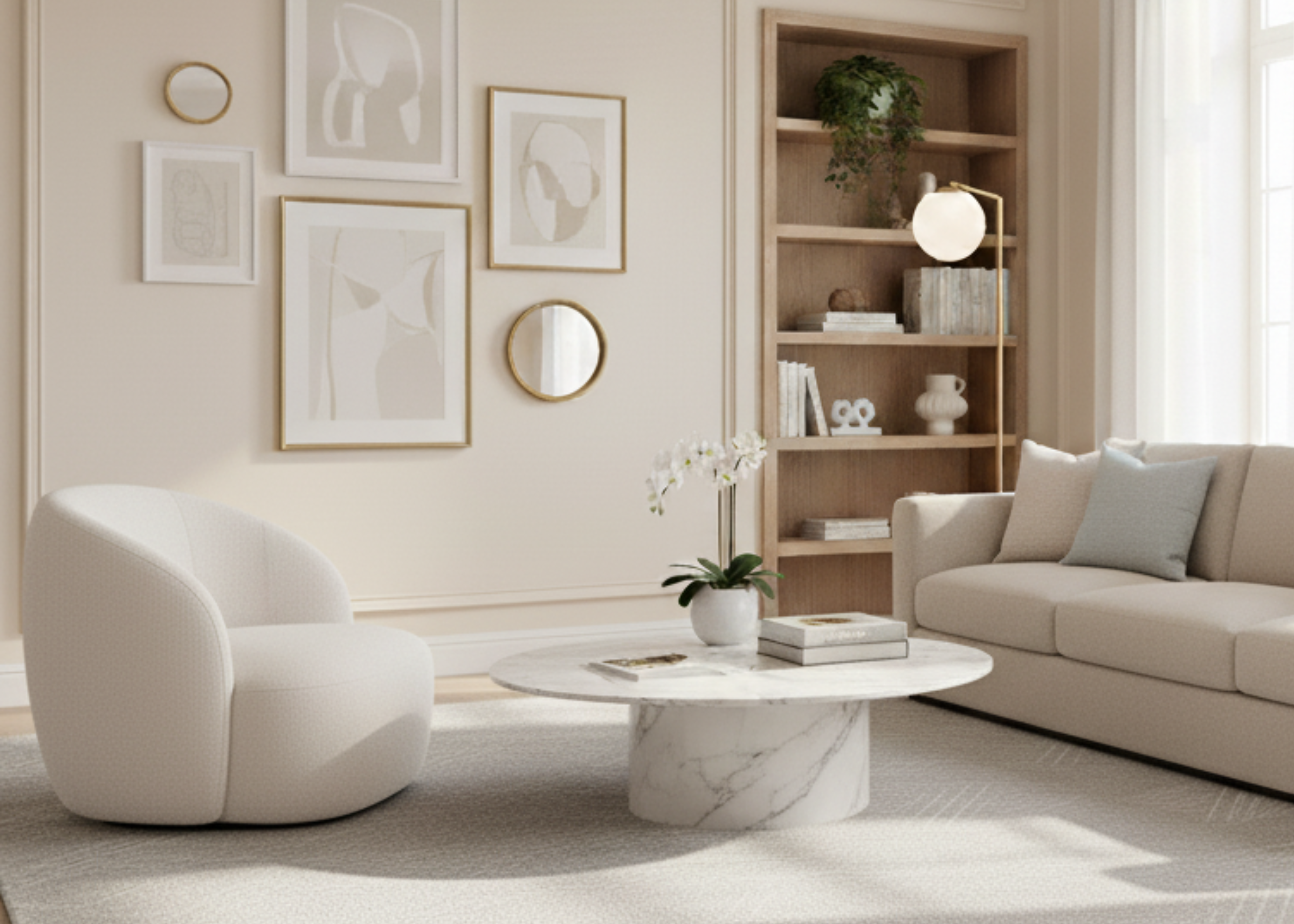 Poltrona modelo Sole para sala de estar, com encosto curvo e design contemporâneo, ideal para ambientes elegantes e acolhedores.